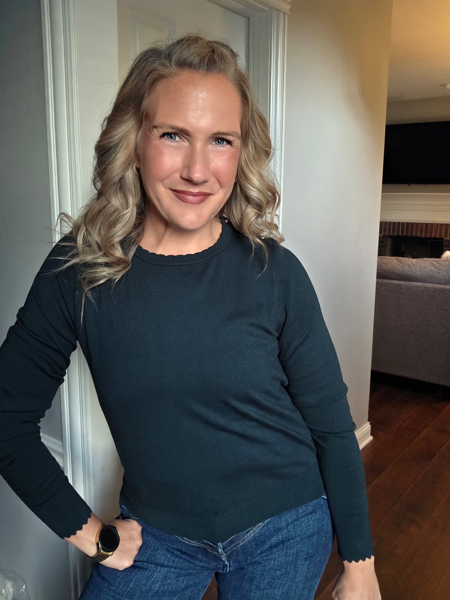 Dark Green Scallop Edge Knit Top