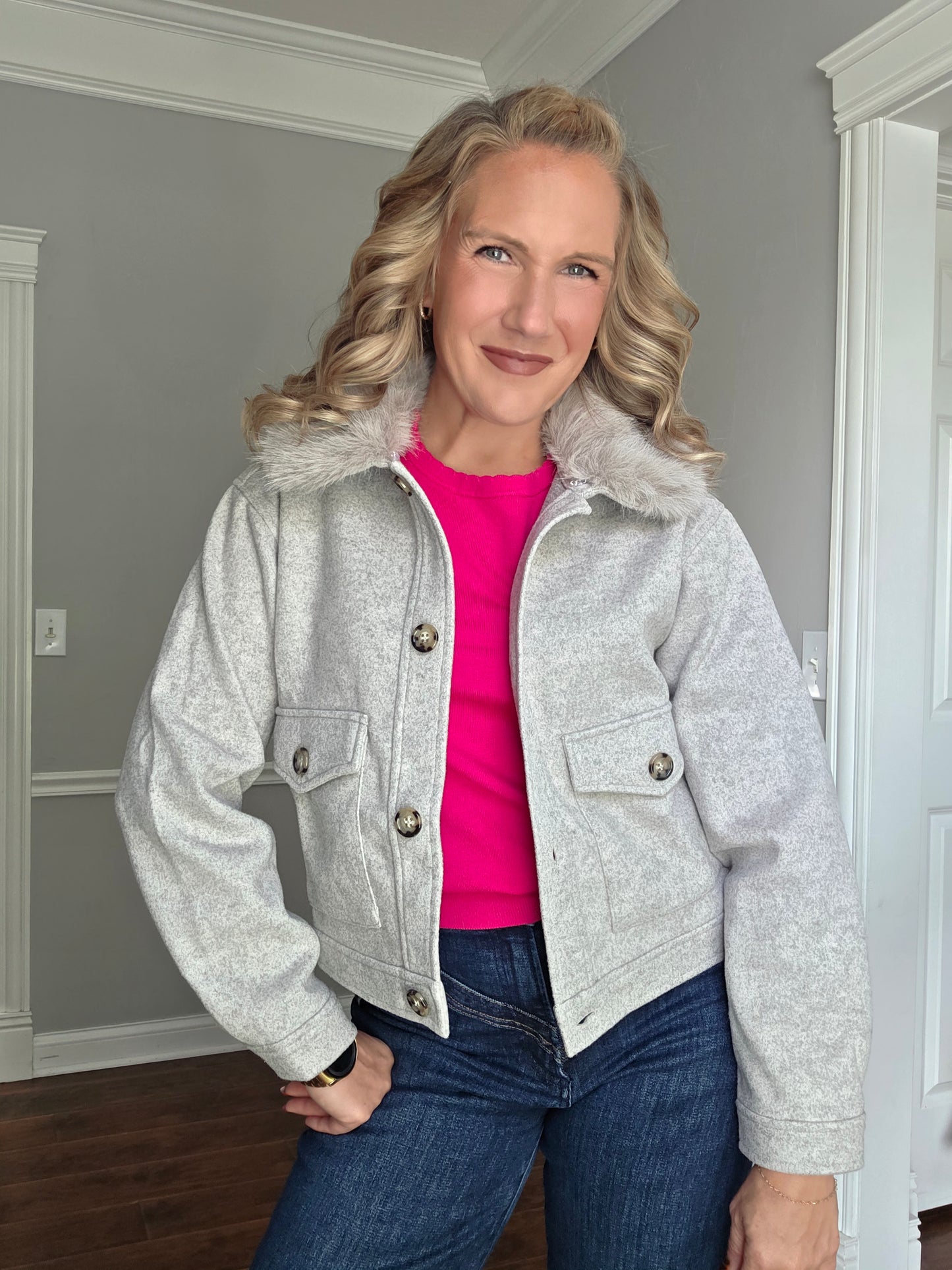 Light Grey Relaxed Fit Button Front Jacket w/ Fur Collar