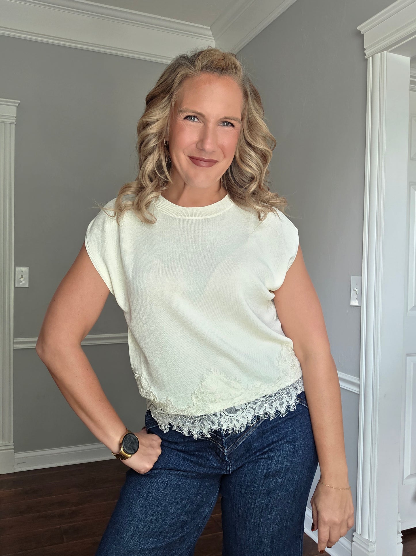 Cream Lace Trimmed Cap Sleeve Top