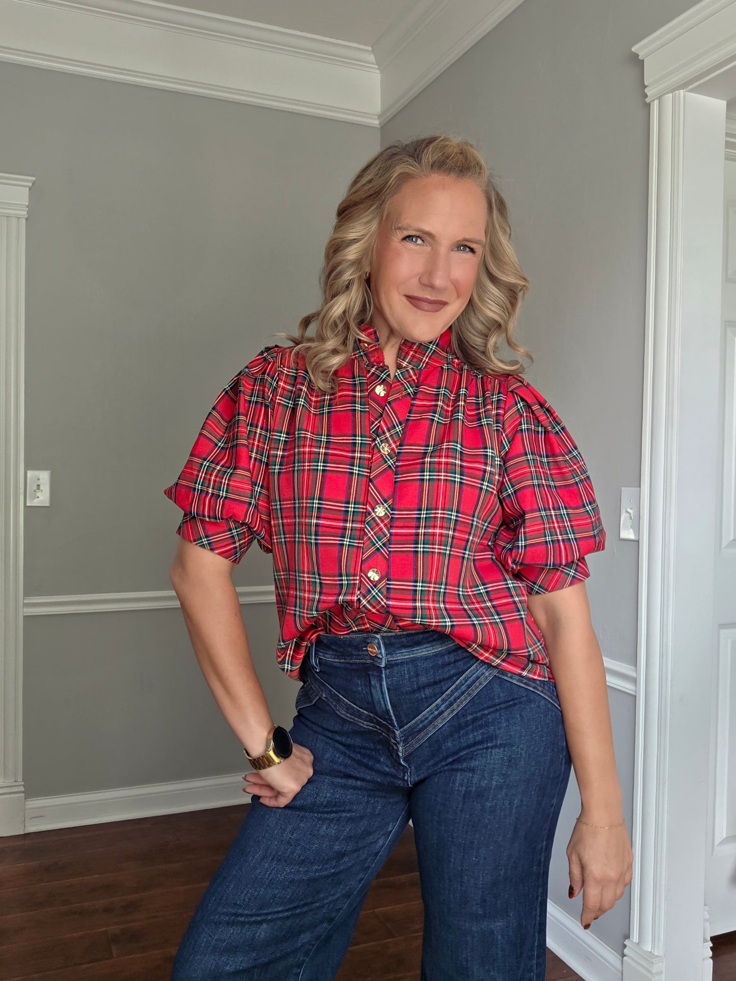 Red Tartan Plaid Button Up Top