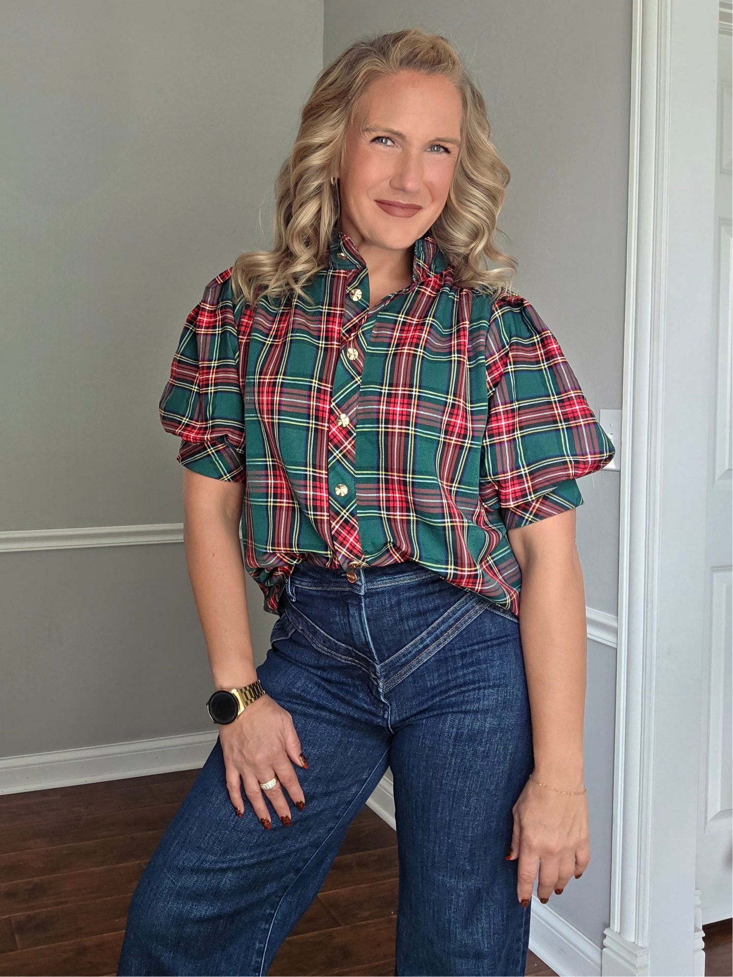 Green Tartan Plaid Button Up Top