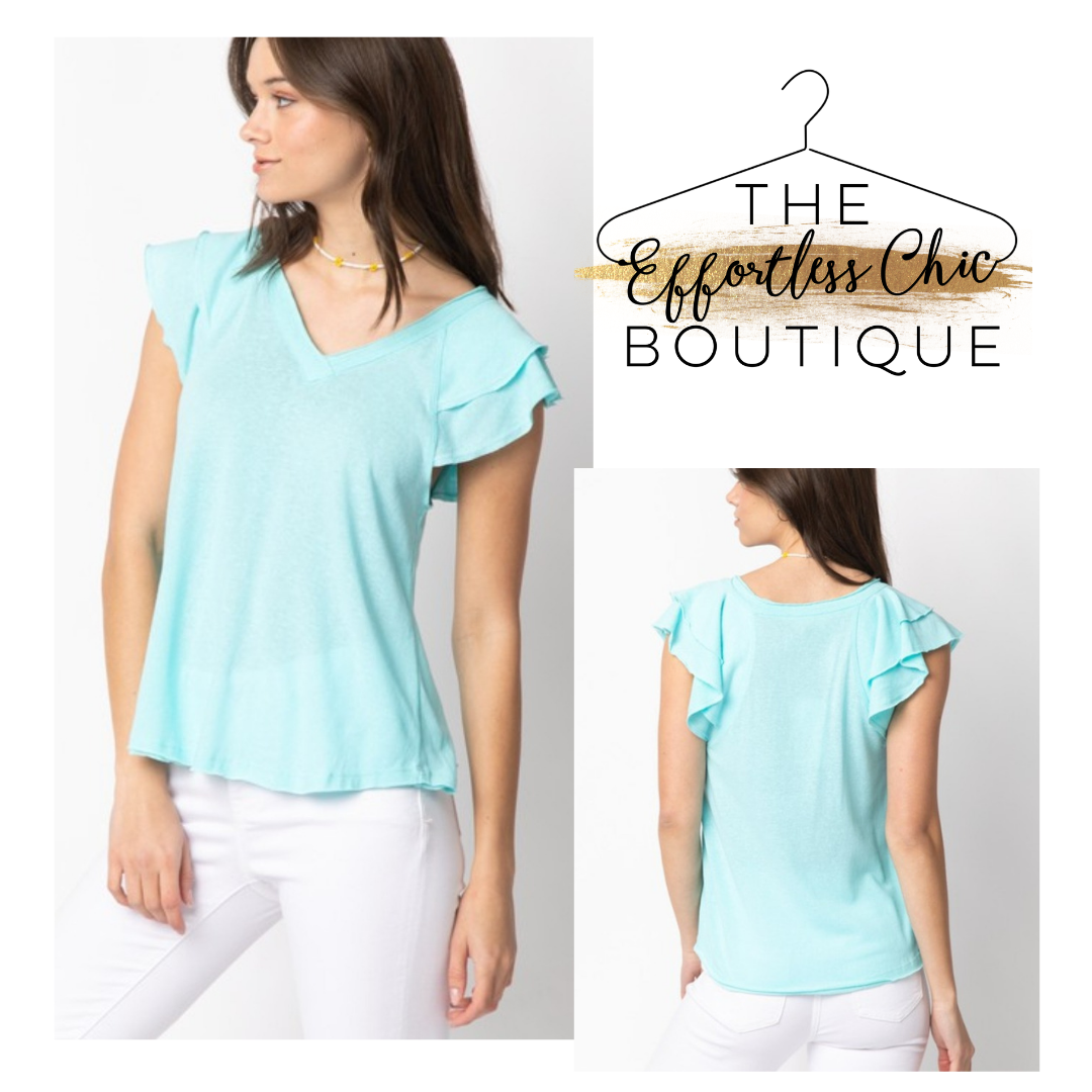 Aqua V-Neck Flutter Sleeve Top
