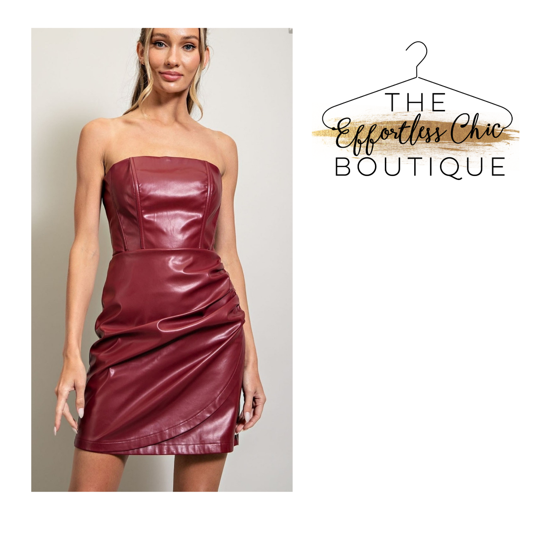 Wine Strapless Leather Dress