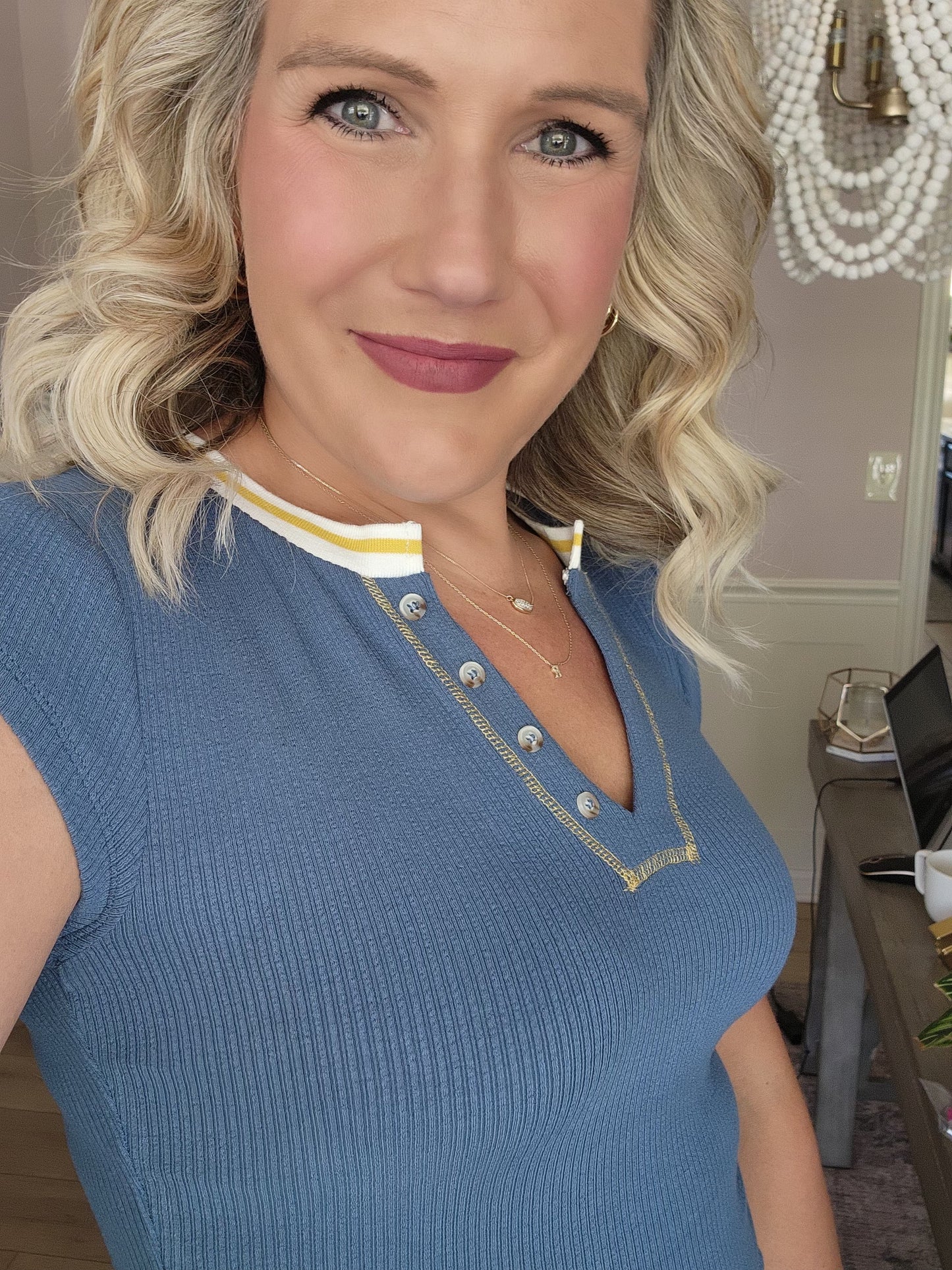 Blue Ribbed Top with Yellow Stripe Collar