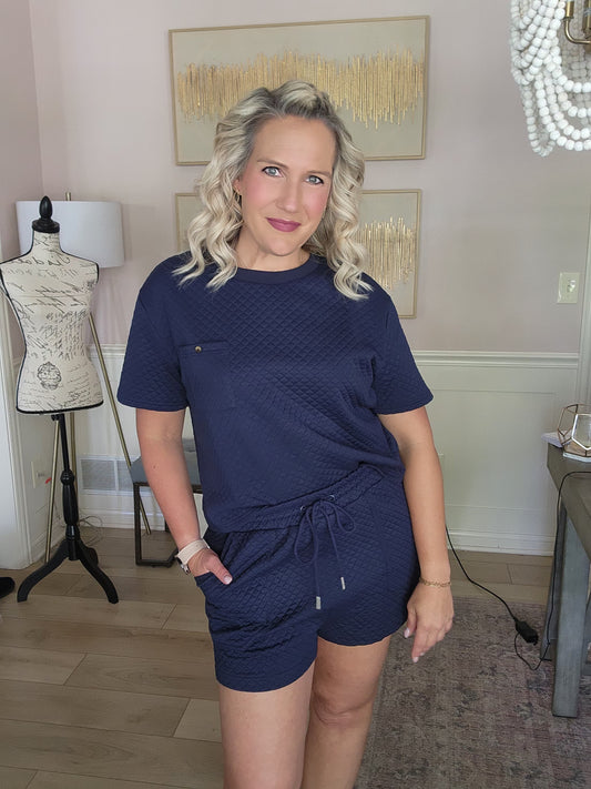 Navy Textured Short Set