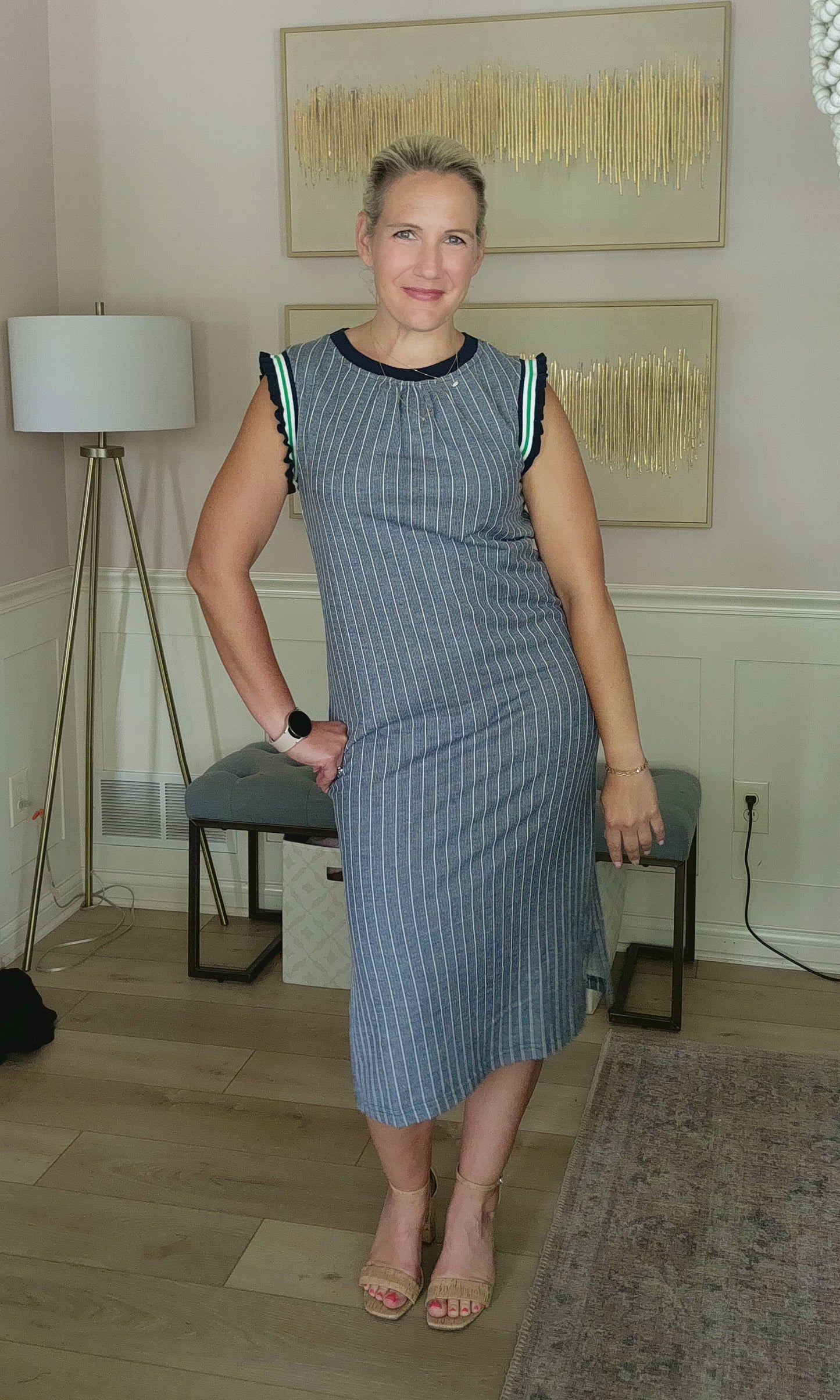 Navy Striped Knit Midi Dress