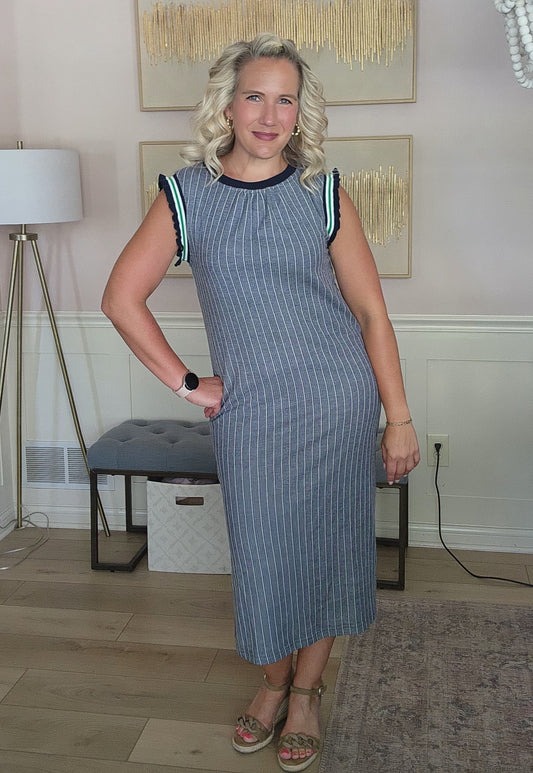 Navy Striped Knit Midi Dress