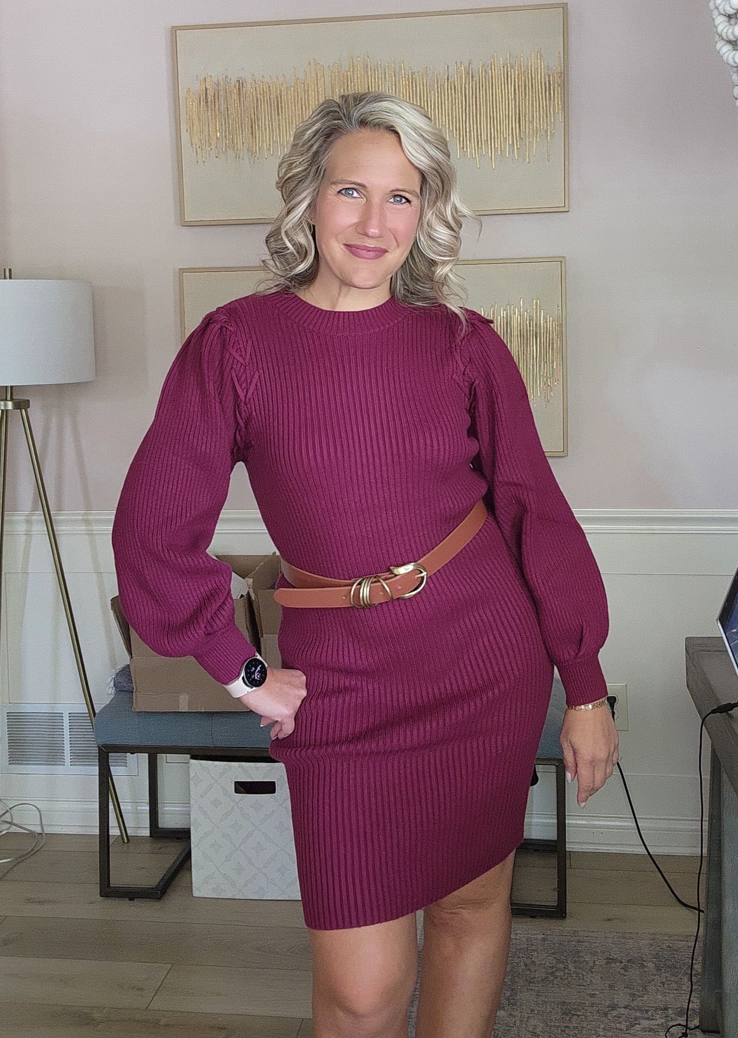 Ribbed Sweater Dress in Wine