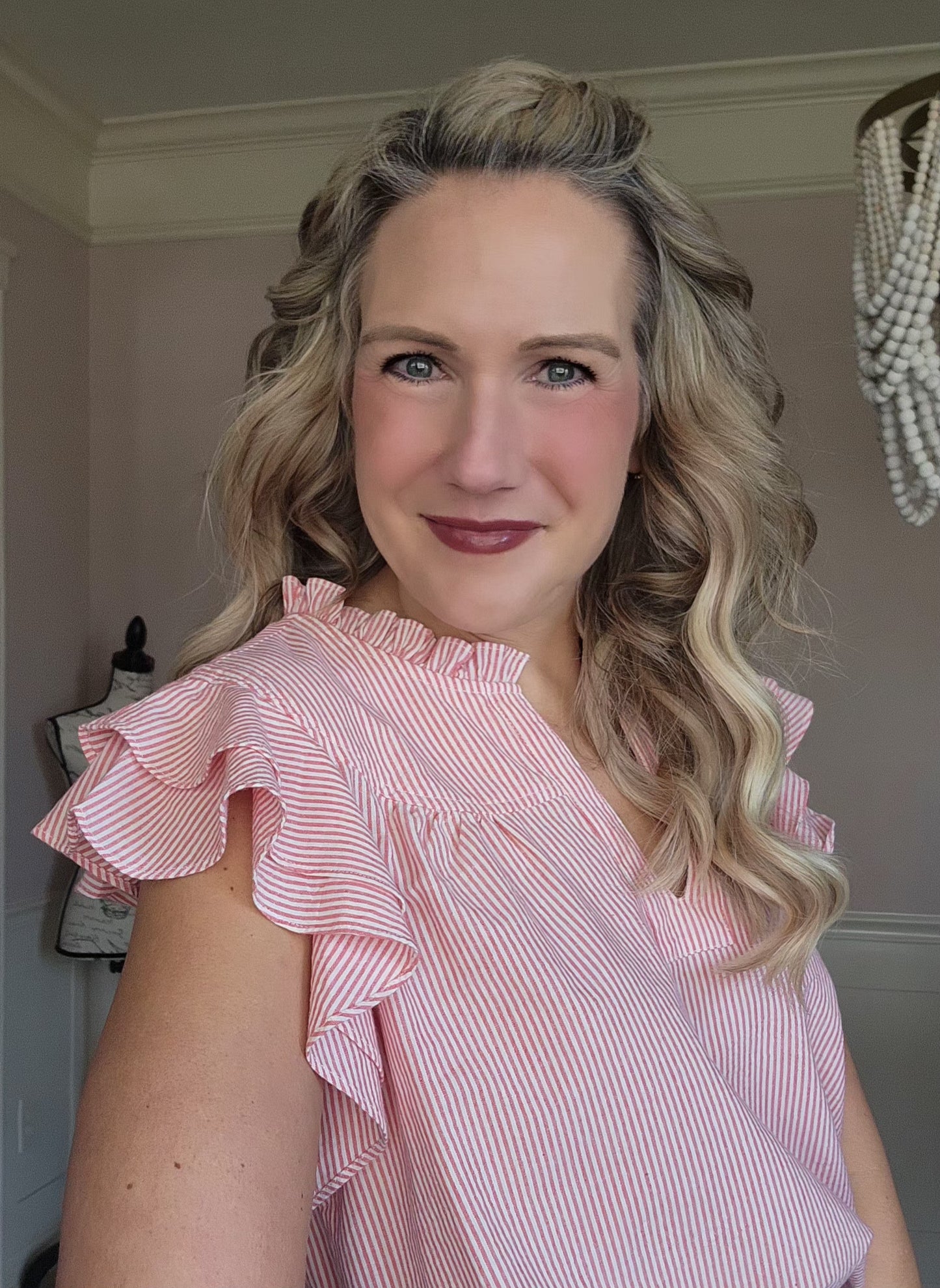Flutter Sleeve V-Neck Pinstripe Top in Red