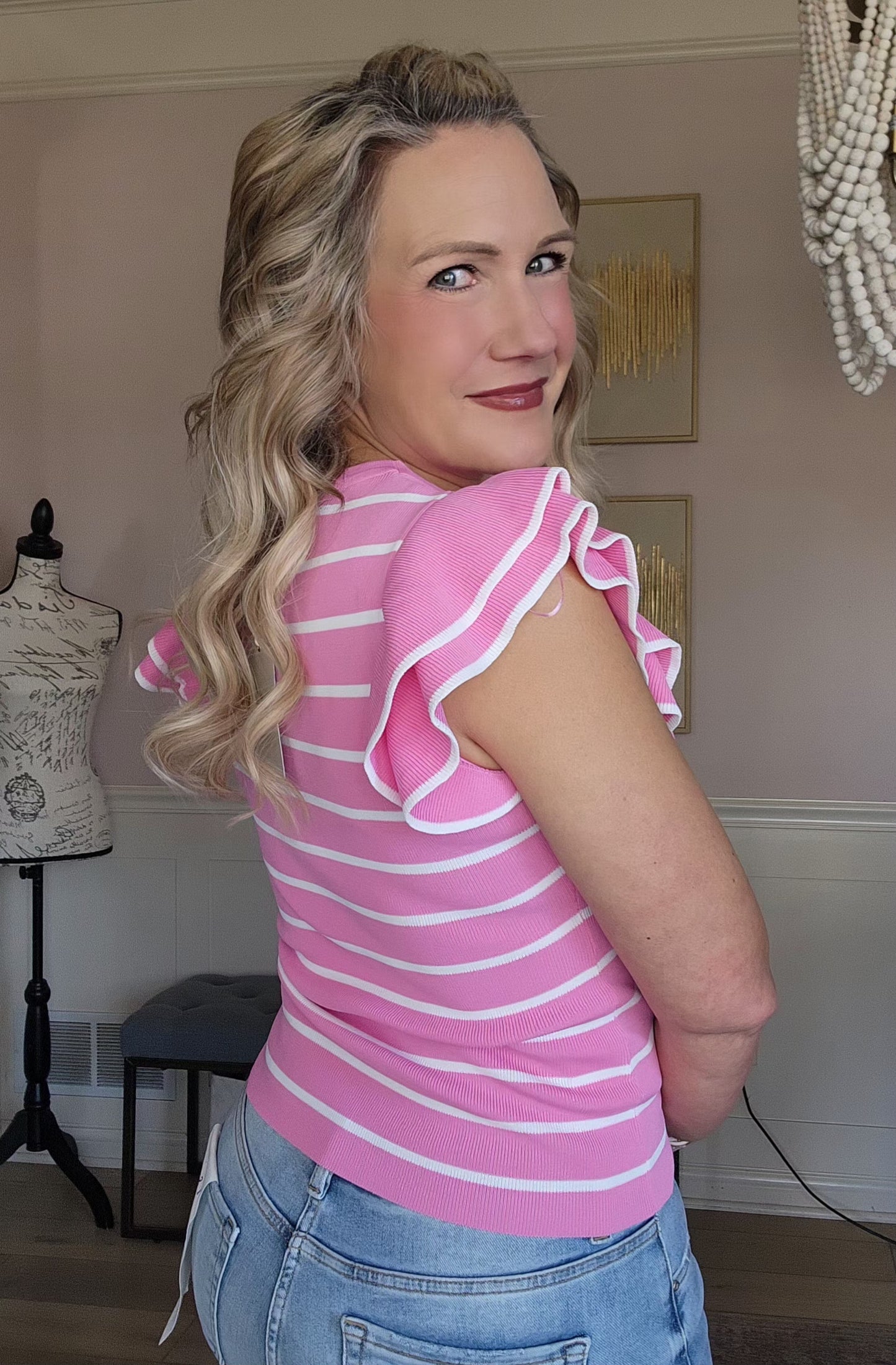 Pink Stripe Ruffle Sleeve Top