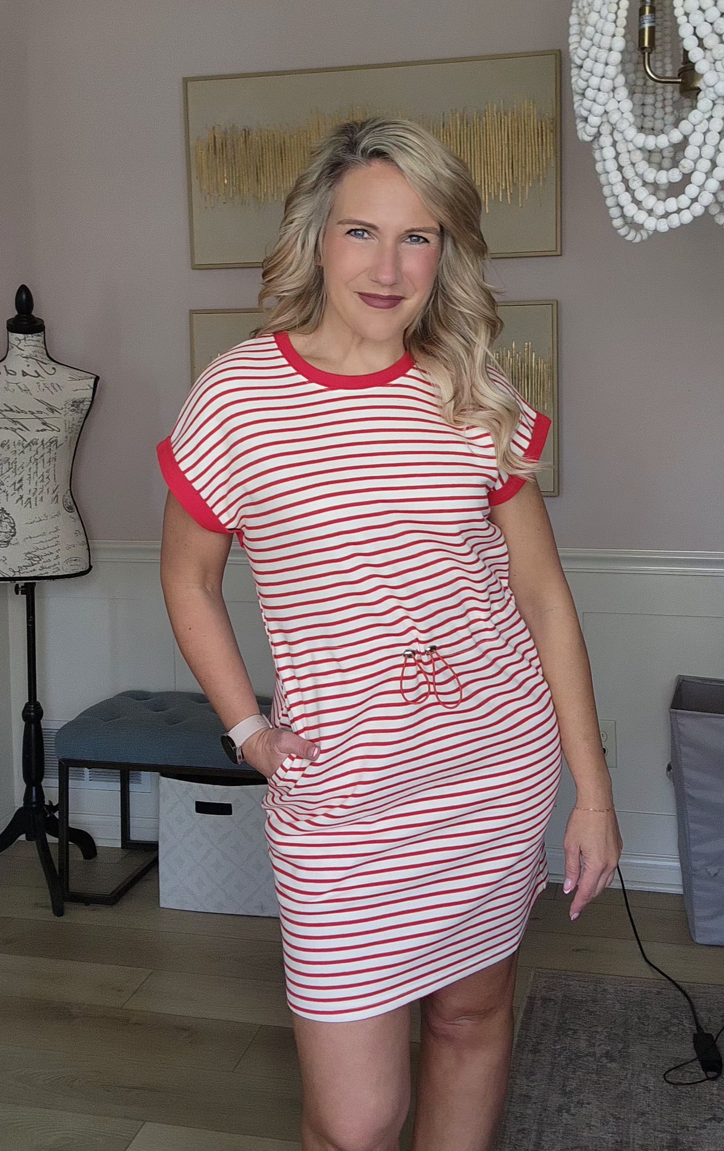 Red Striped Cap Sleeve Dress