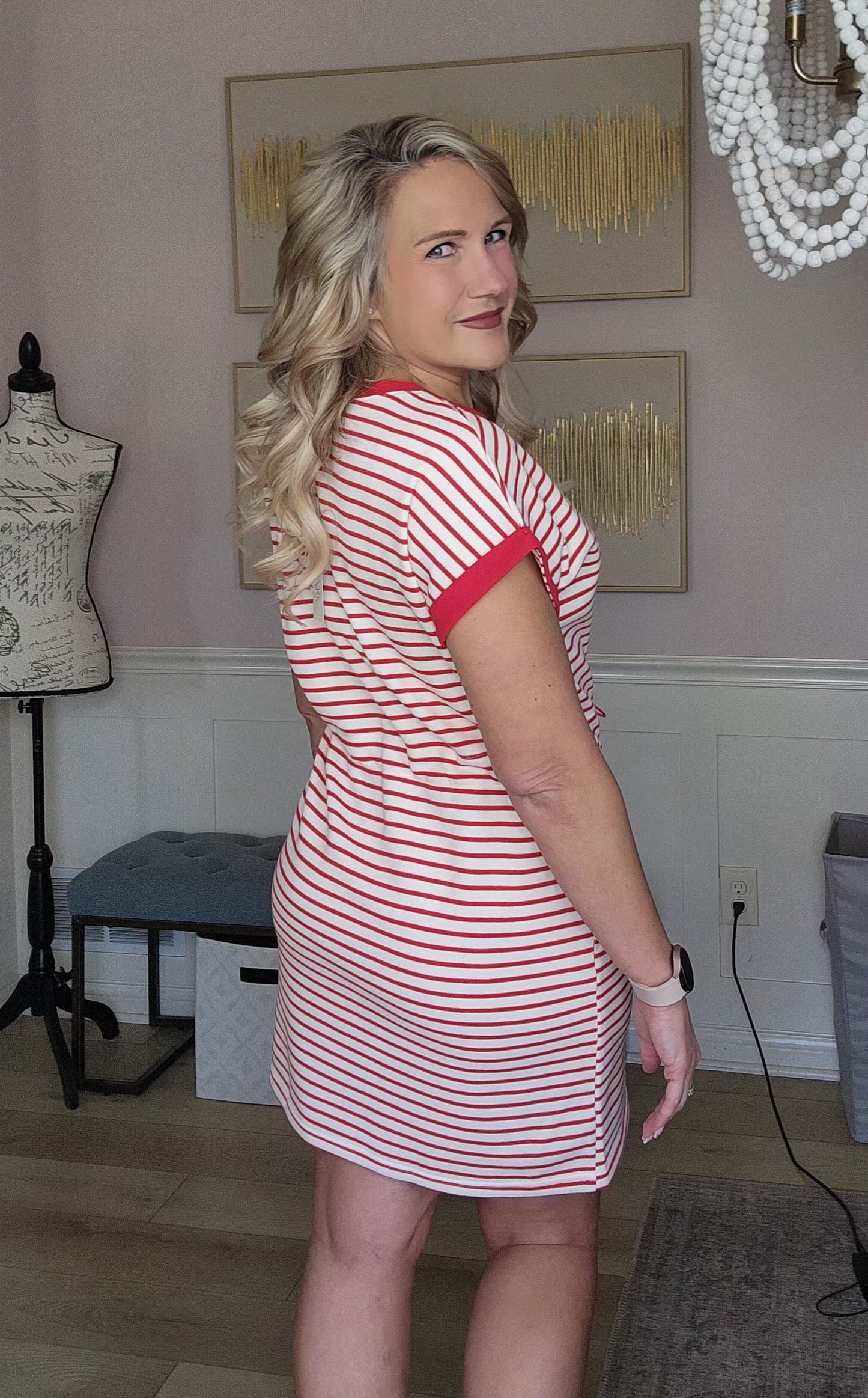 Red Striped Cap Sleeve Dress