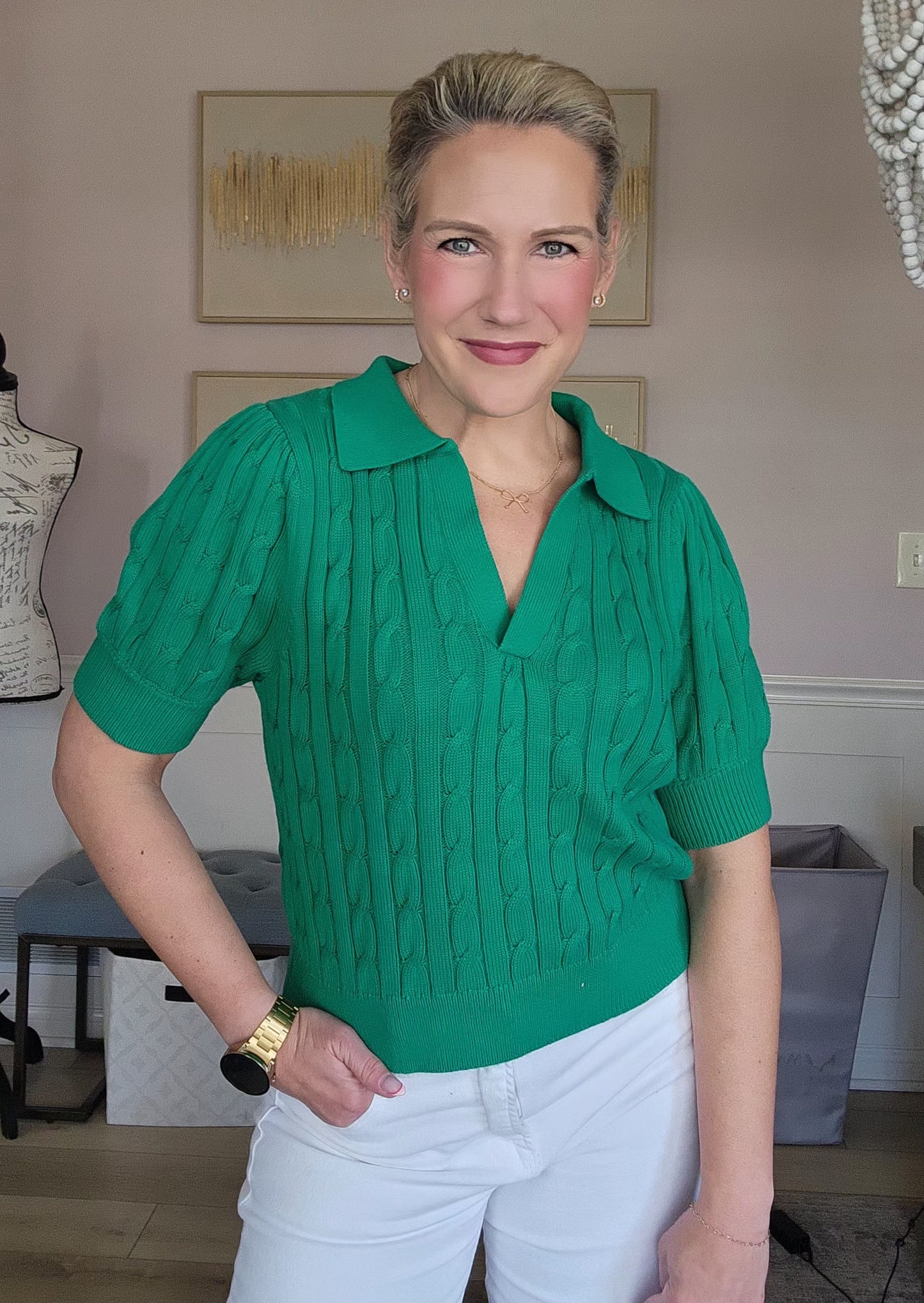 Kelly Green Collared Knit Split Neck Top