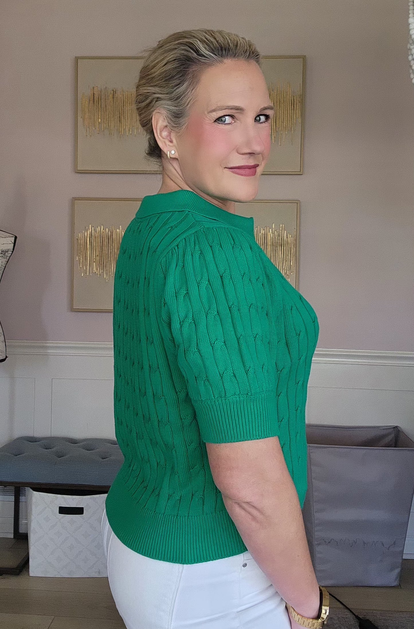 Kelly Green Collared Knit Split Neck Top