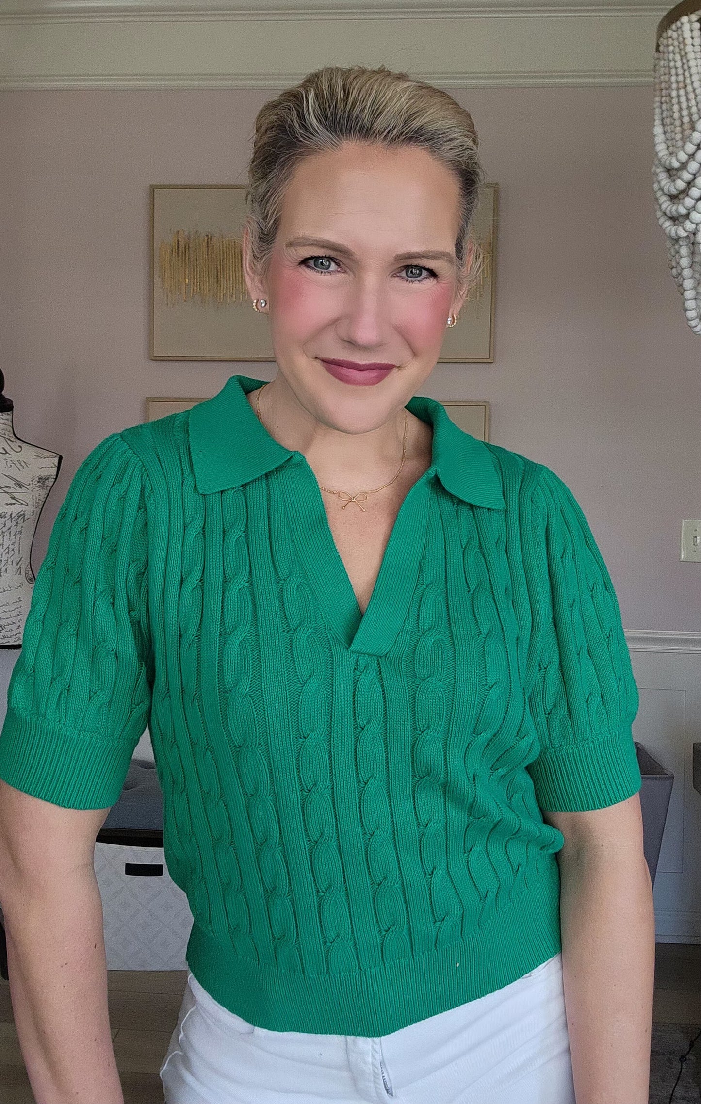Kelly Green Collared Knit Split Neck Top