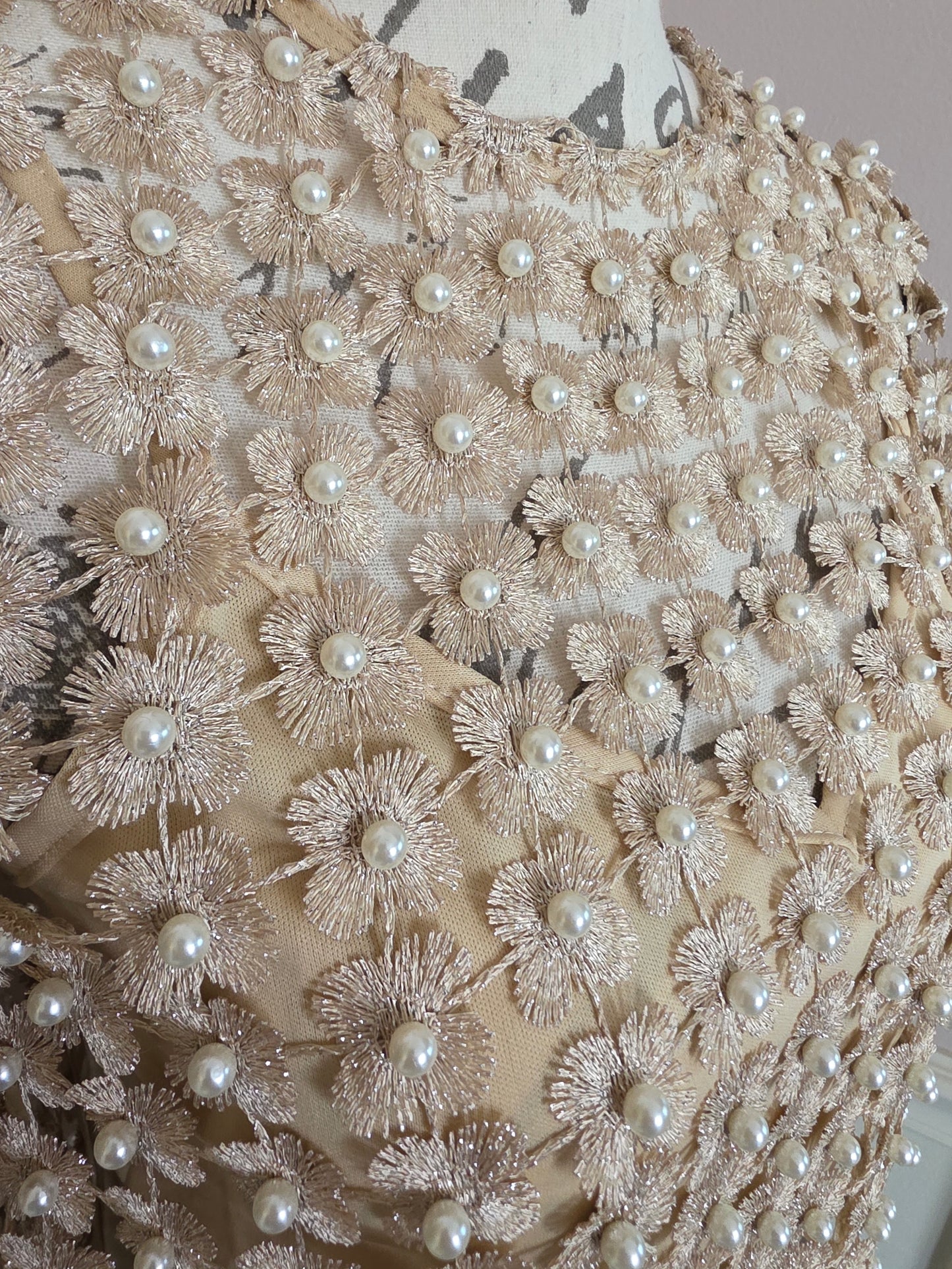 Gold Lace & Pearl Beaded Top w/ Lining