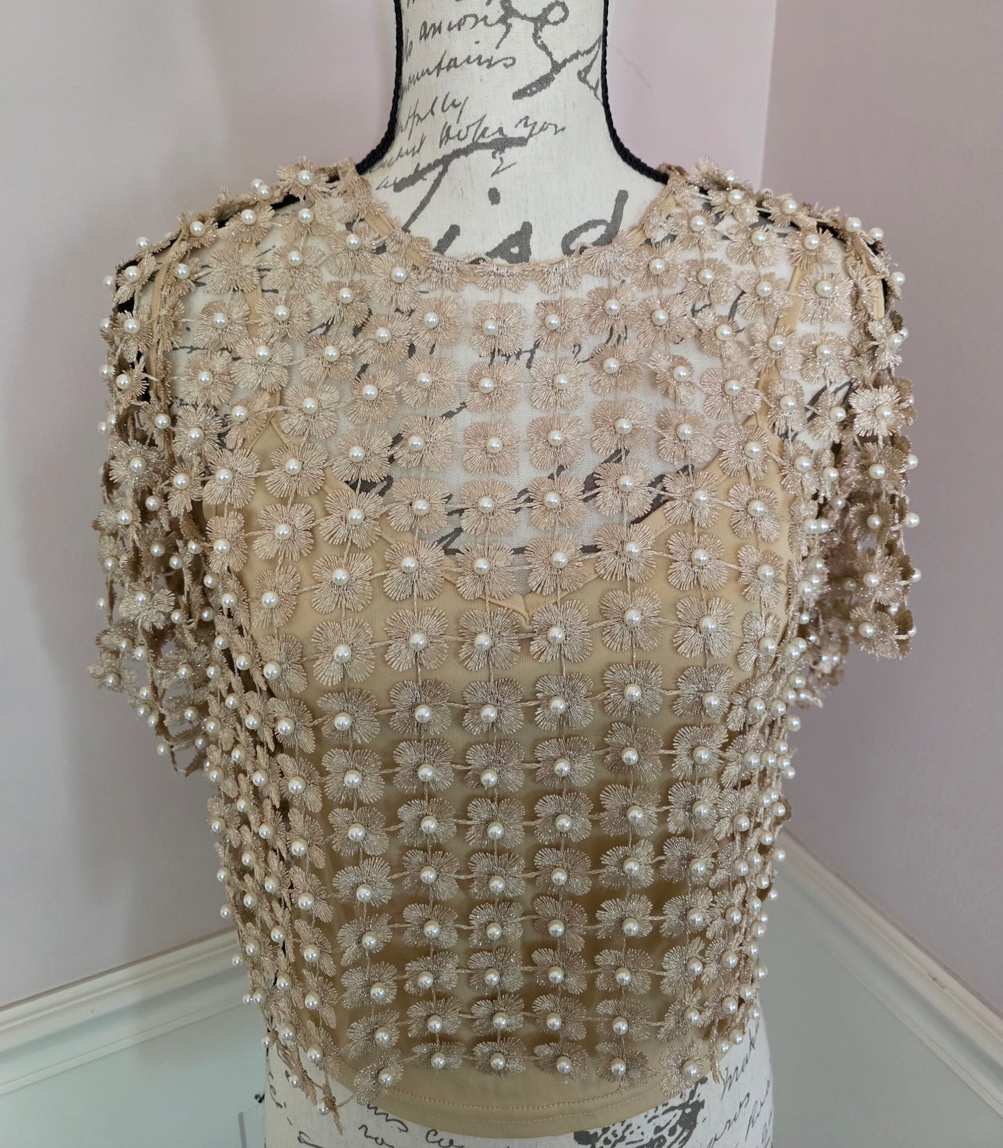 Gold Lace & Pearl Beaded Top w/ Lining