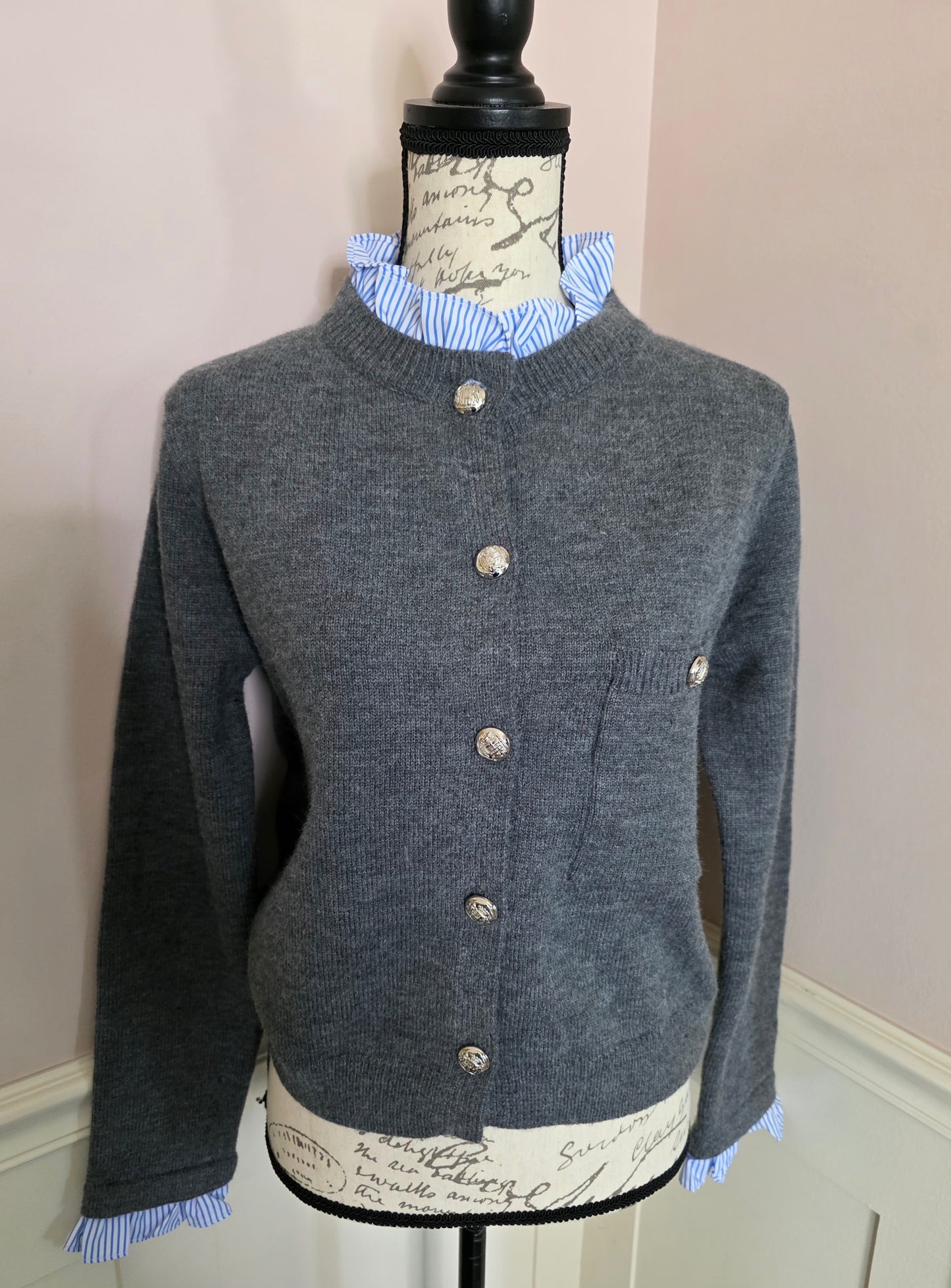 Grey Cardigan w/ Blue Striped Accents