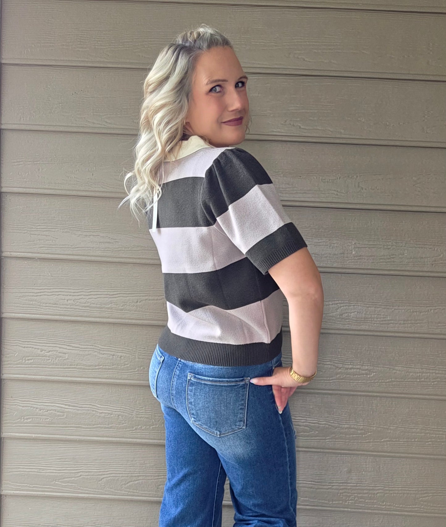 Green Striped Polo Neck Striped Top