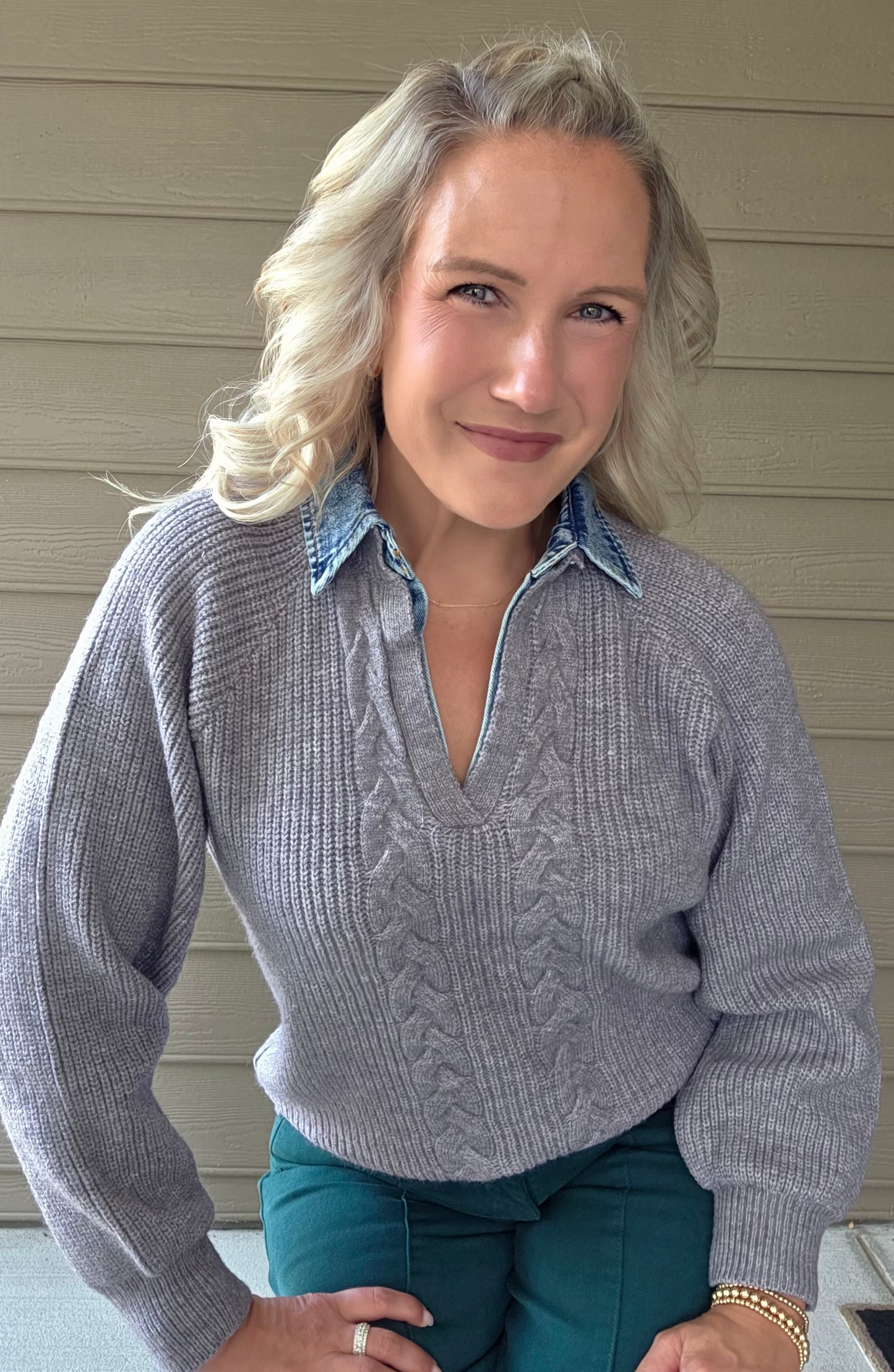 Grey Cable Sweater w/Denim Collar