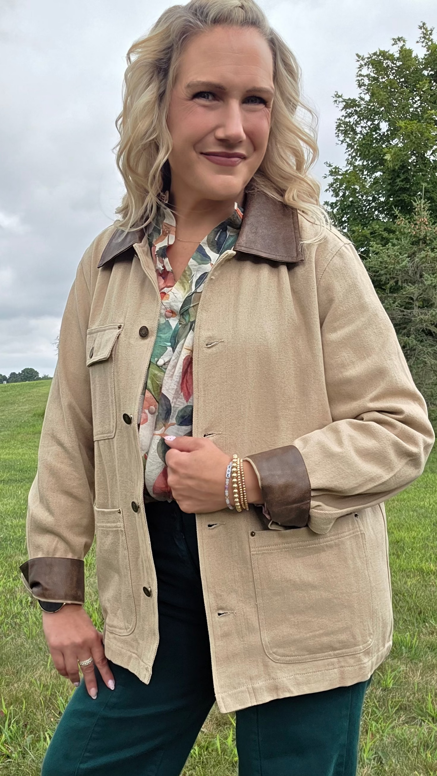 Sand Loose Fit Leather Collar Jacket