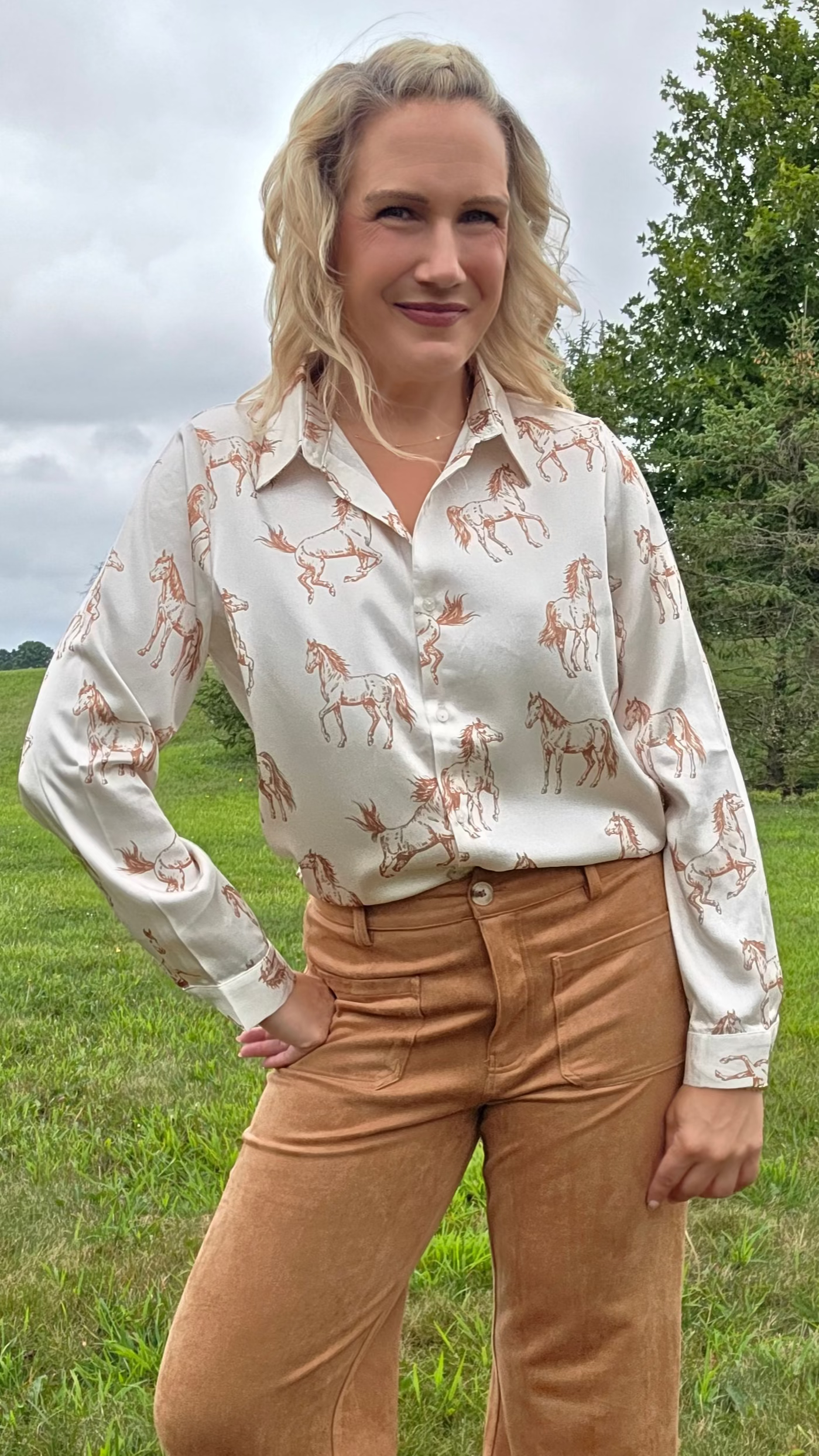 Horse Print Silk Button-Down