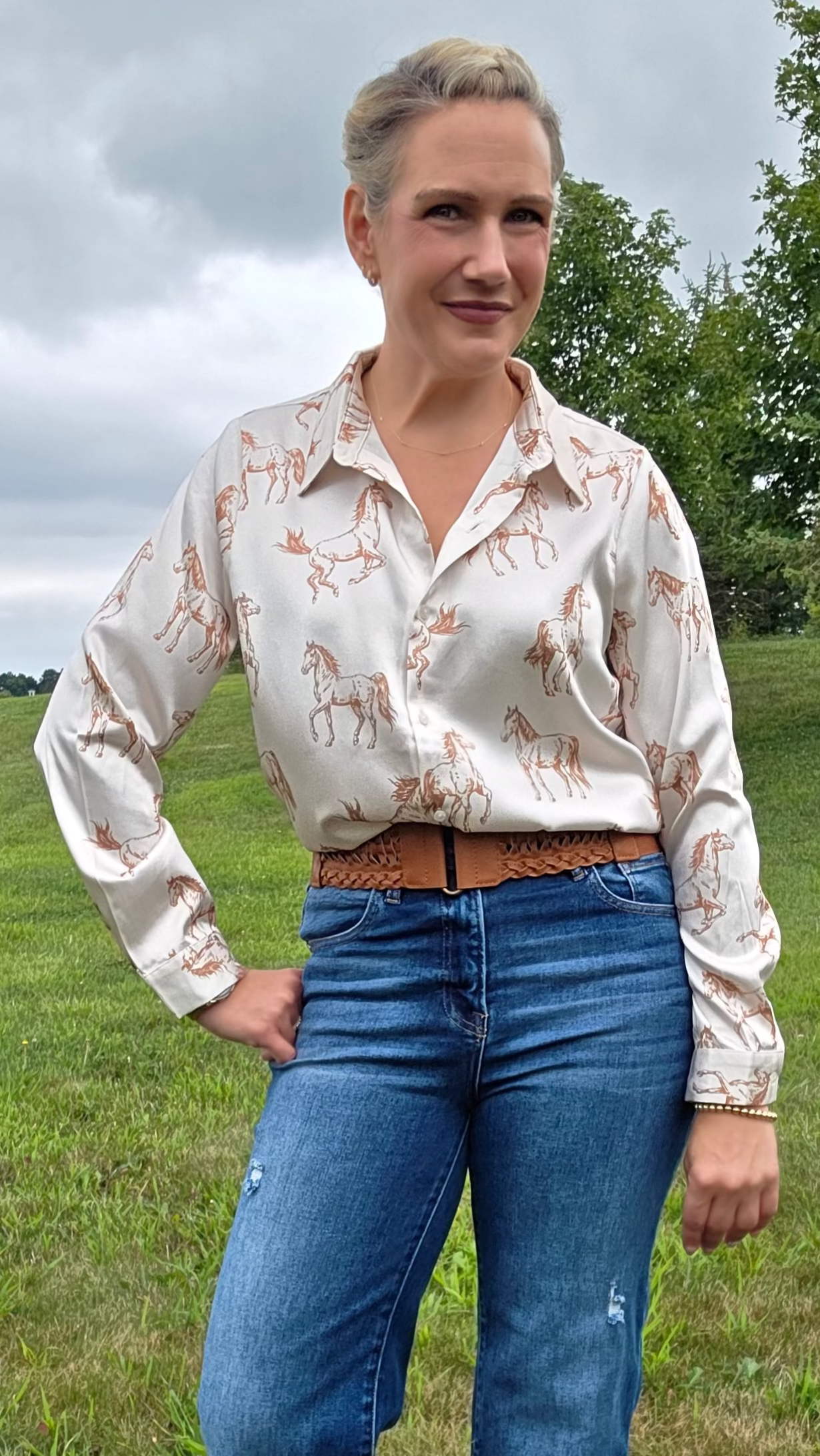 Horse Print Silk Button-Down