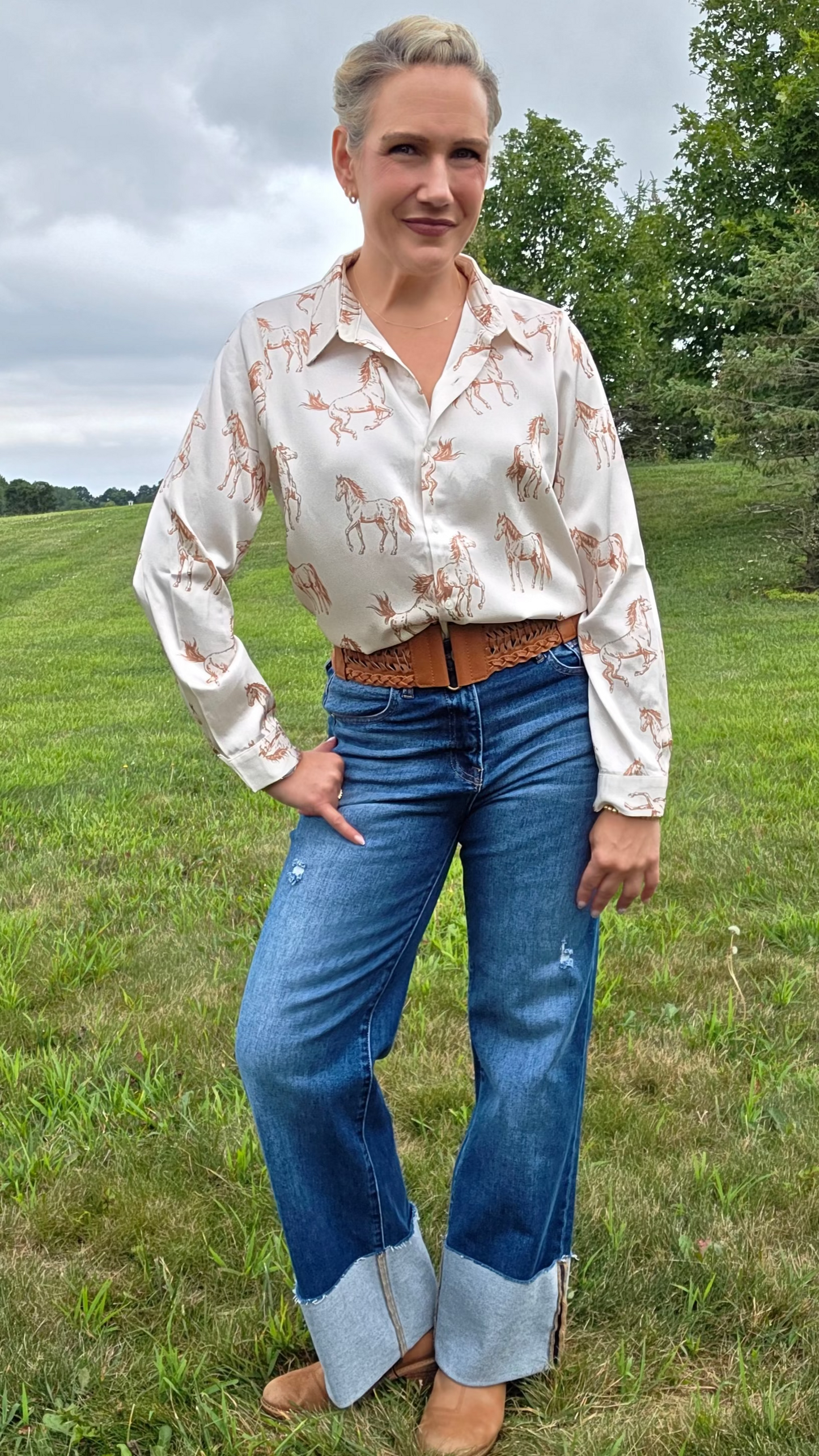 Horse Print Silk Button-Down
