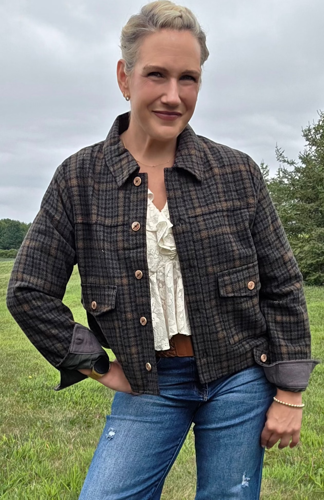 Green Plaid Button-Down Jacket