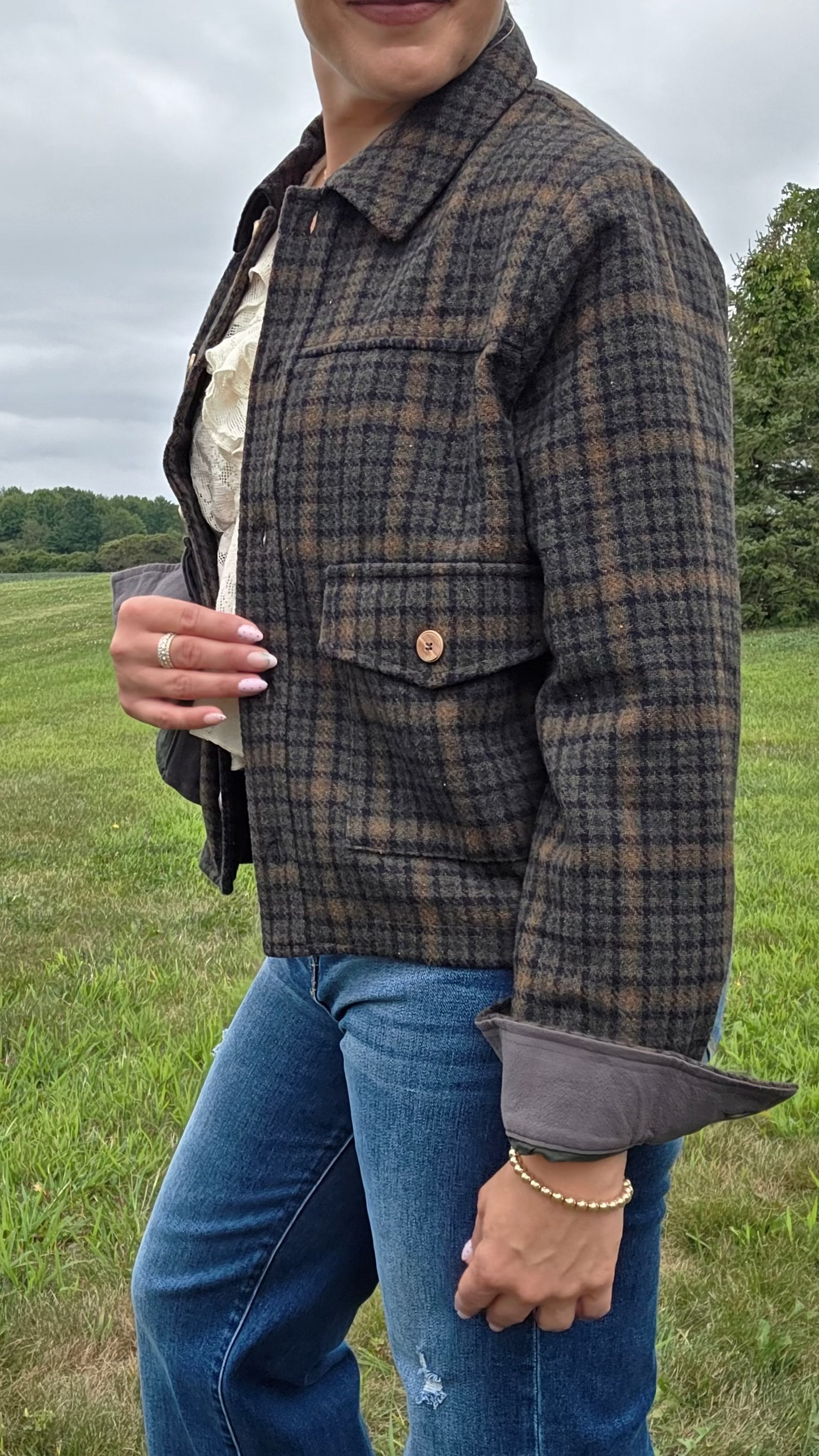 Green Plaid Button-Down Jacket