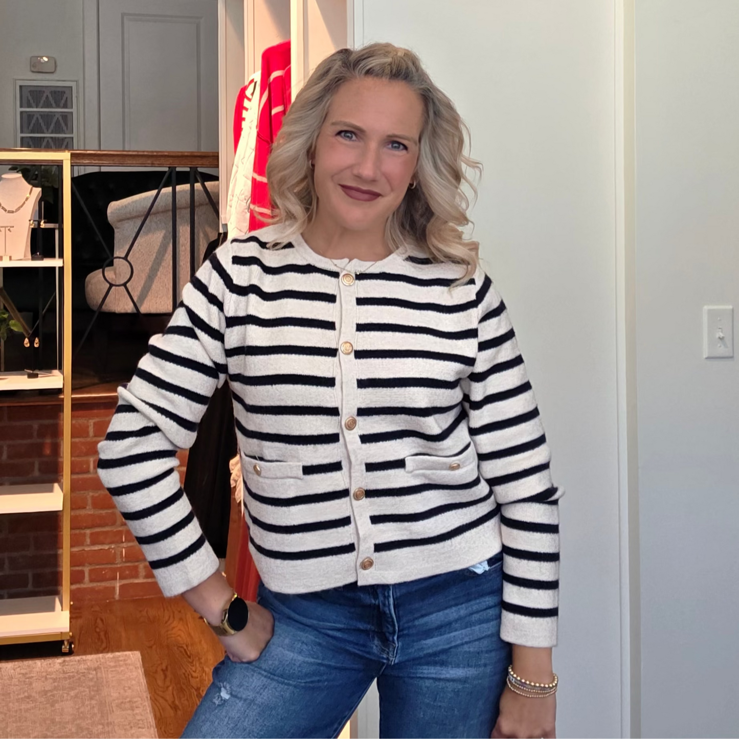 Navy Striped Gold Button Cardigan