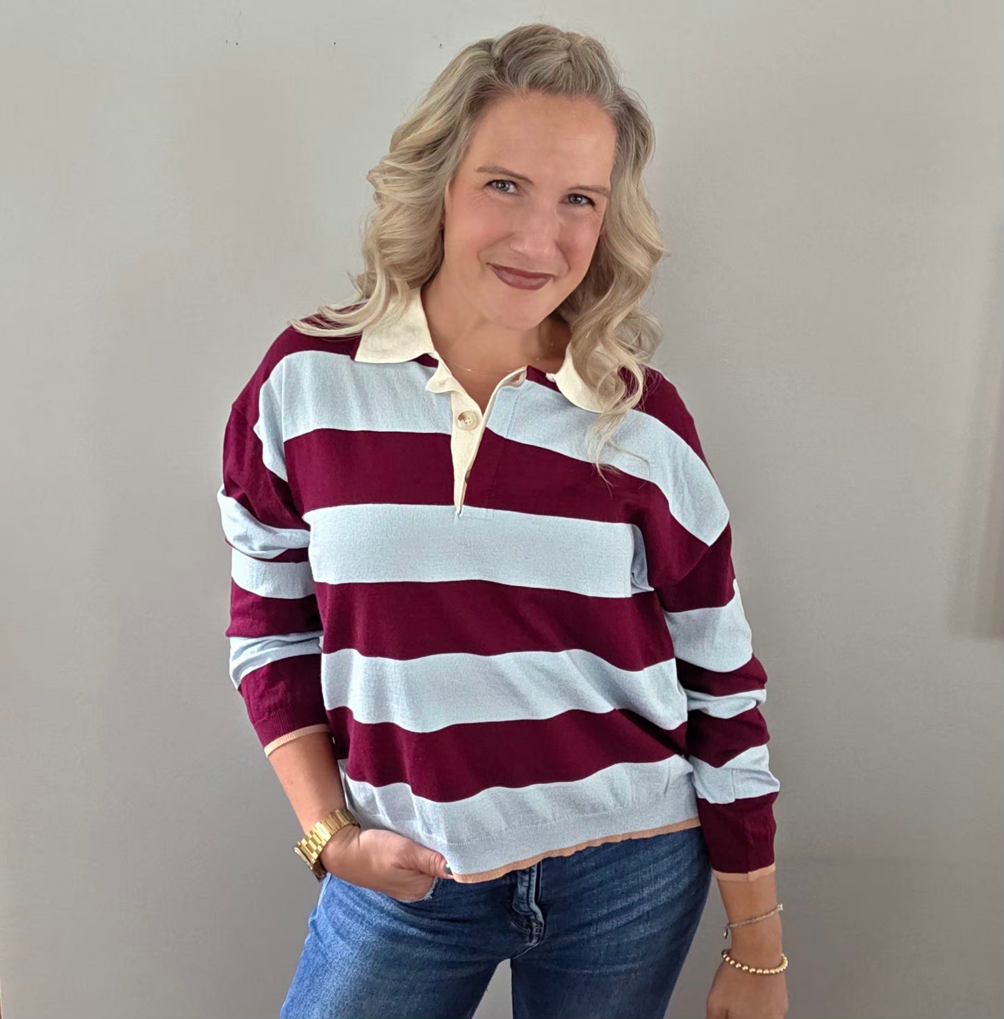 Burgundy & Blue Striped Top