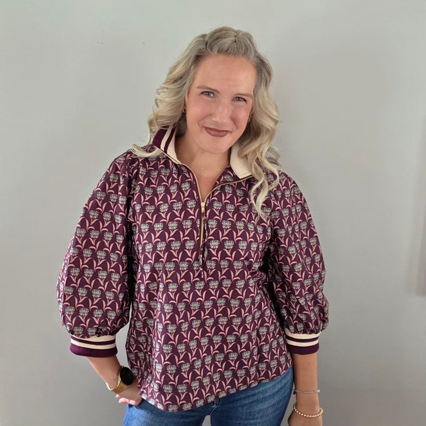 Merlot Floral Print 3/4 Zip Front Top