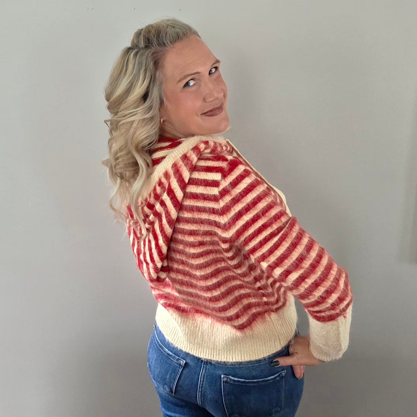 Cream & Red Striped Hooded Cardigan