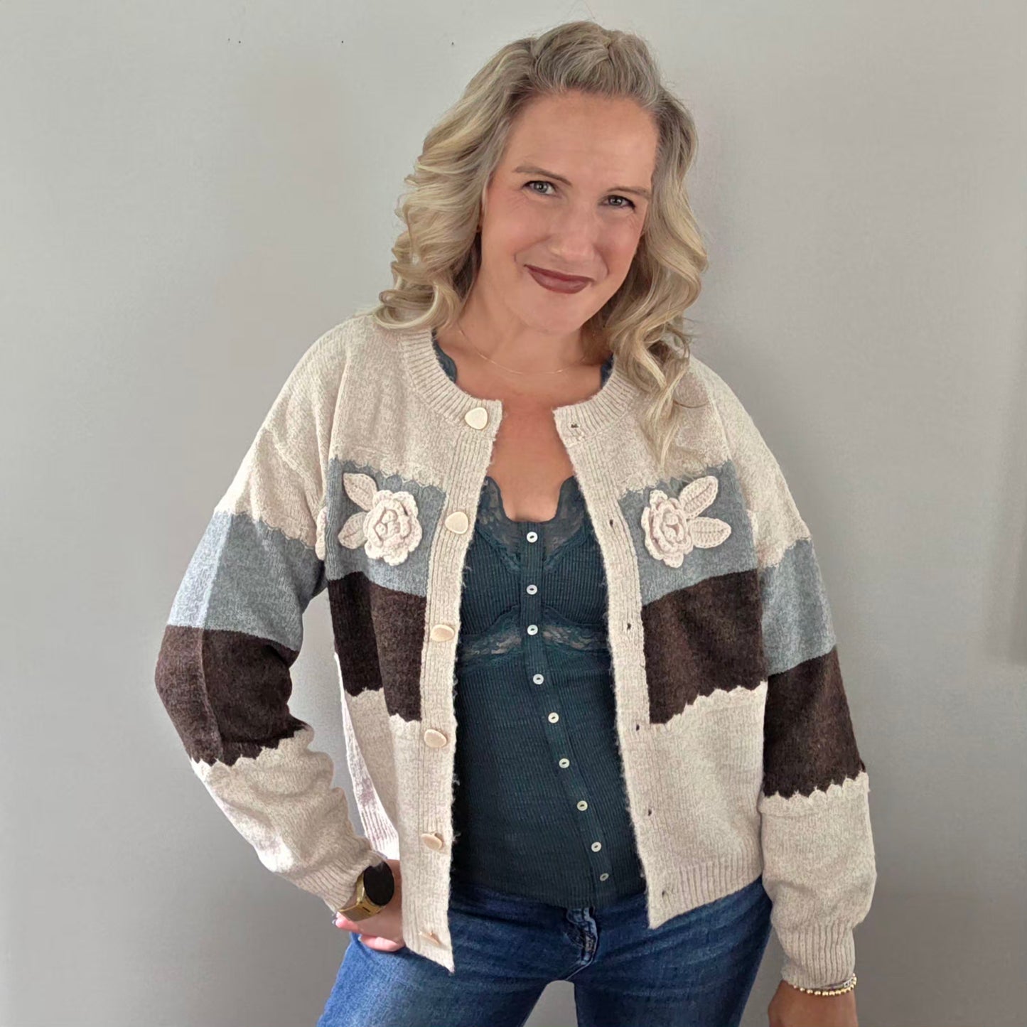 Oatmeal Colorblock Rosette Cardigan