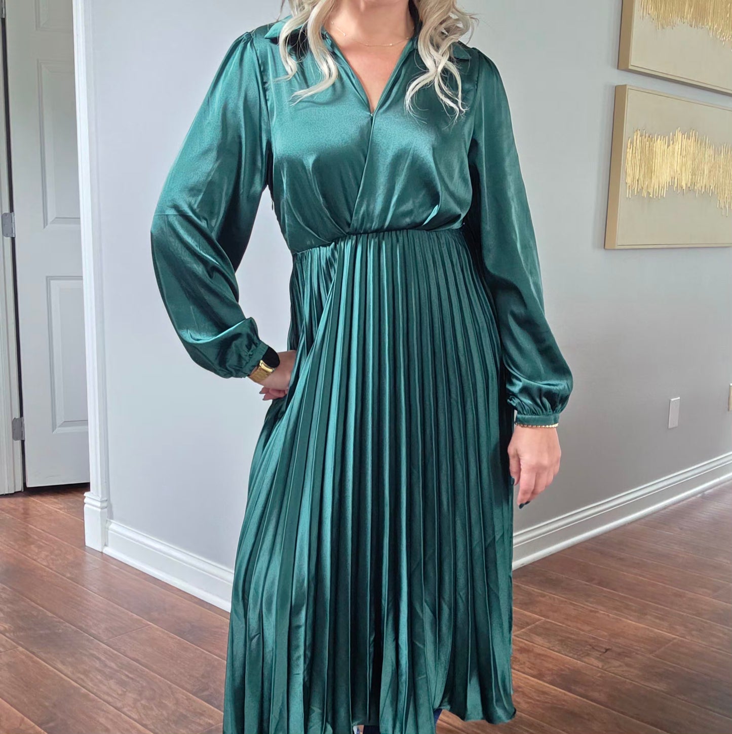 Emerald Green Satin Midi Dress