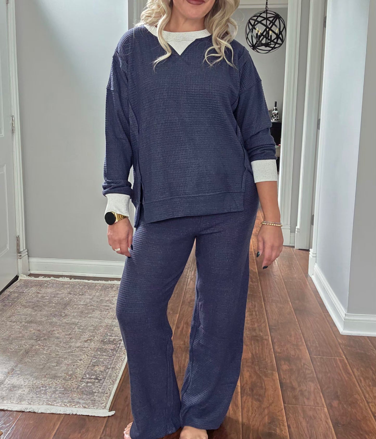 Navy Waffle Knit Wide Leg Pants