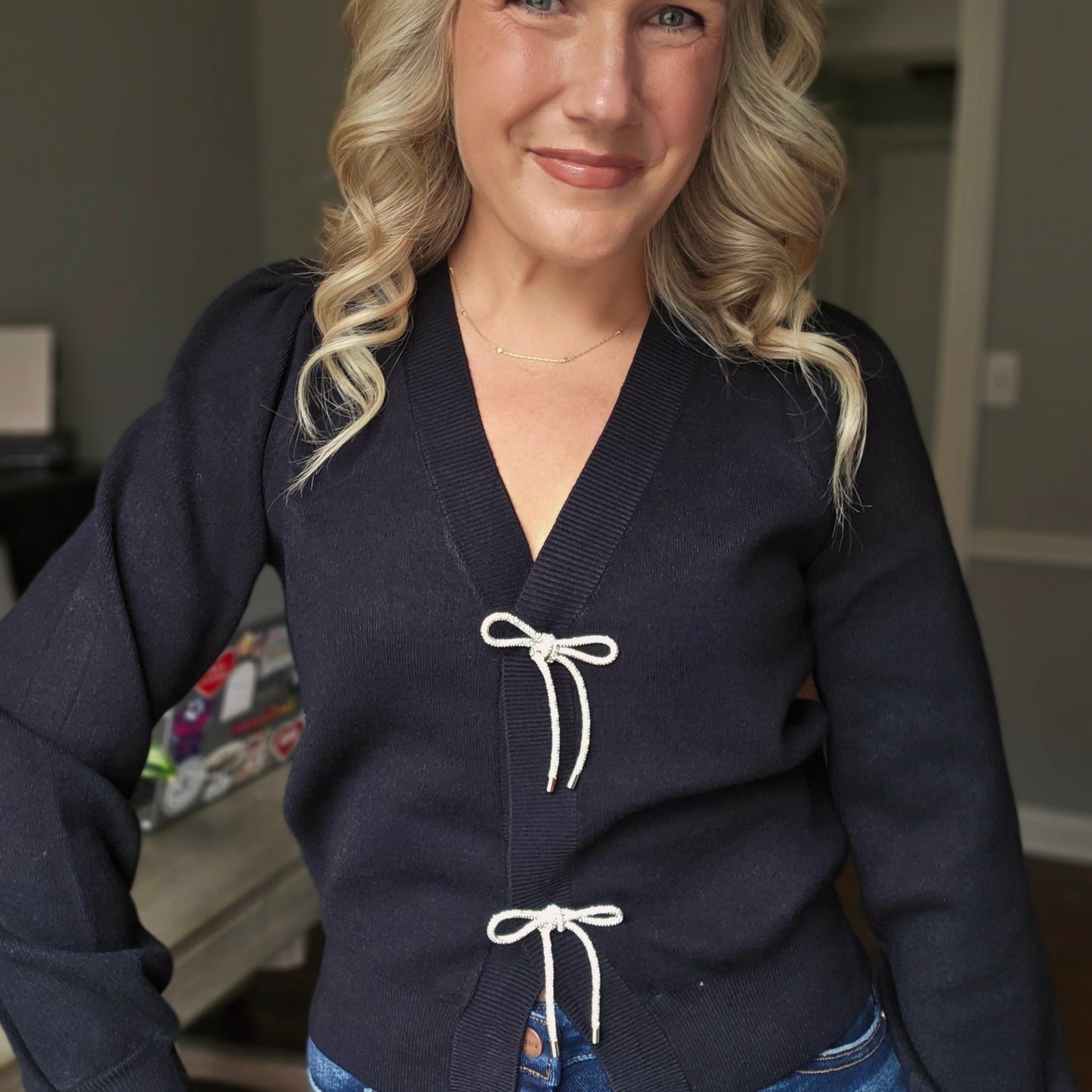 Black Cardigan with Rhinestone Bow Buttons