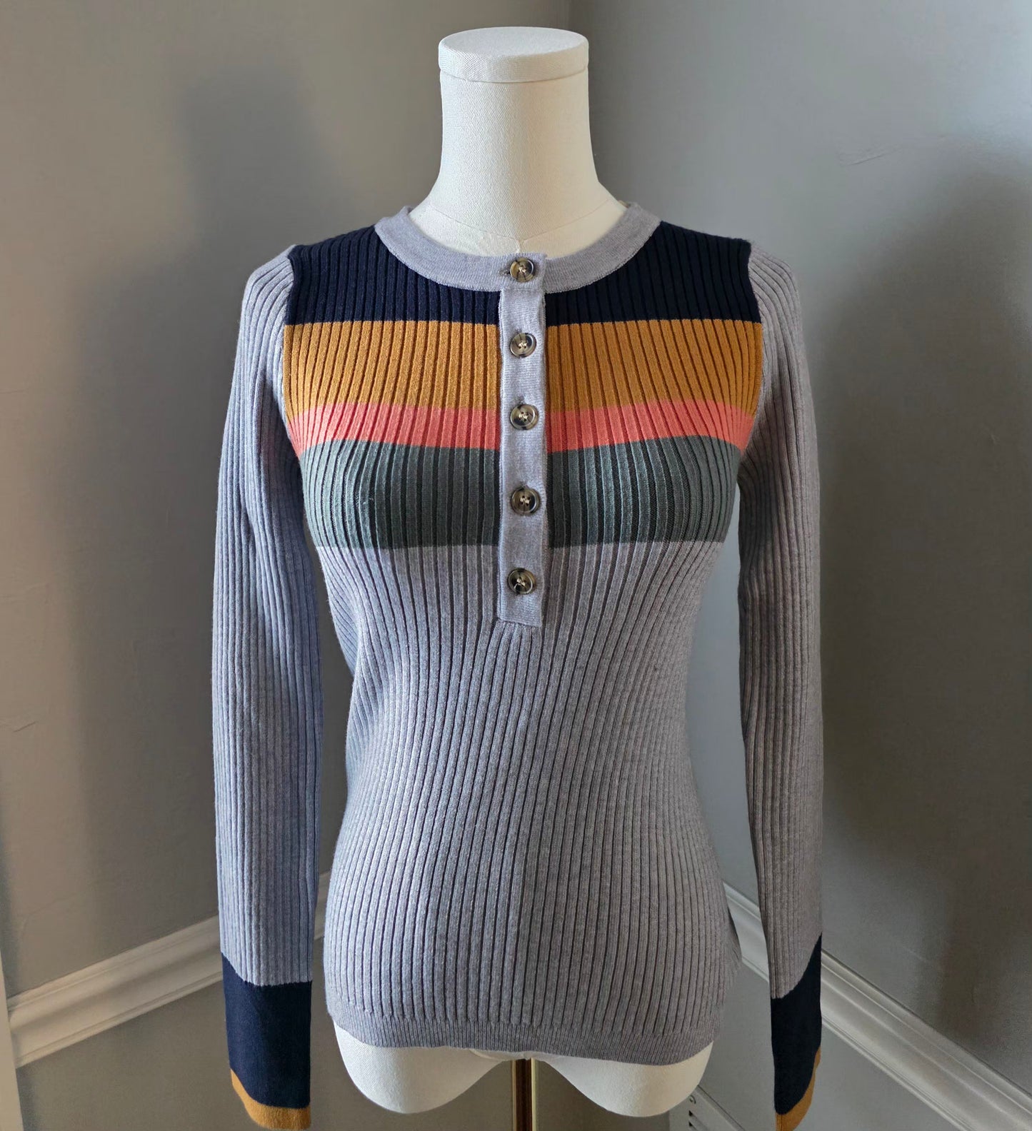 Grey Striped Henley Top