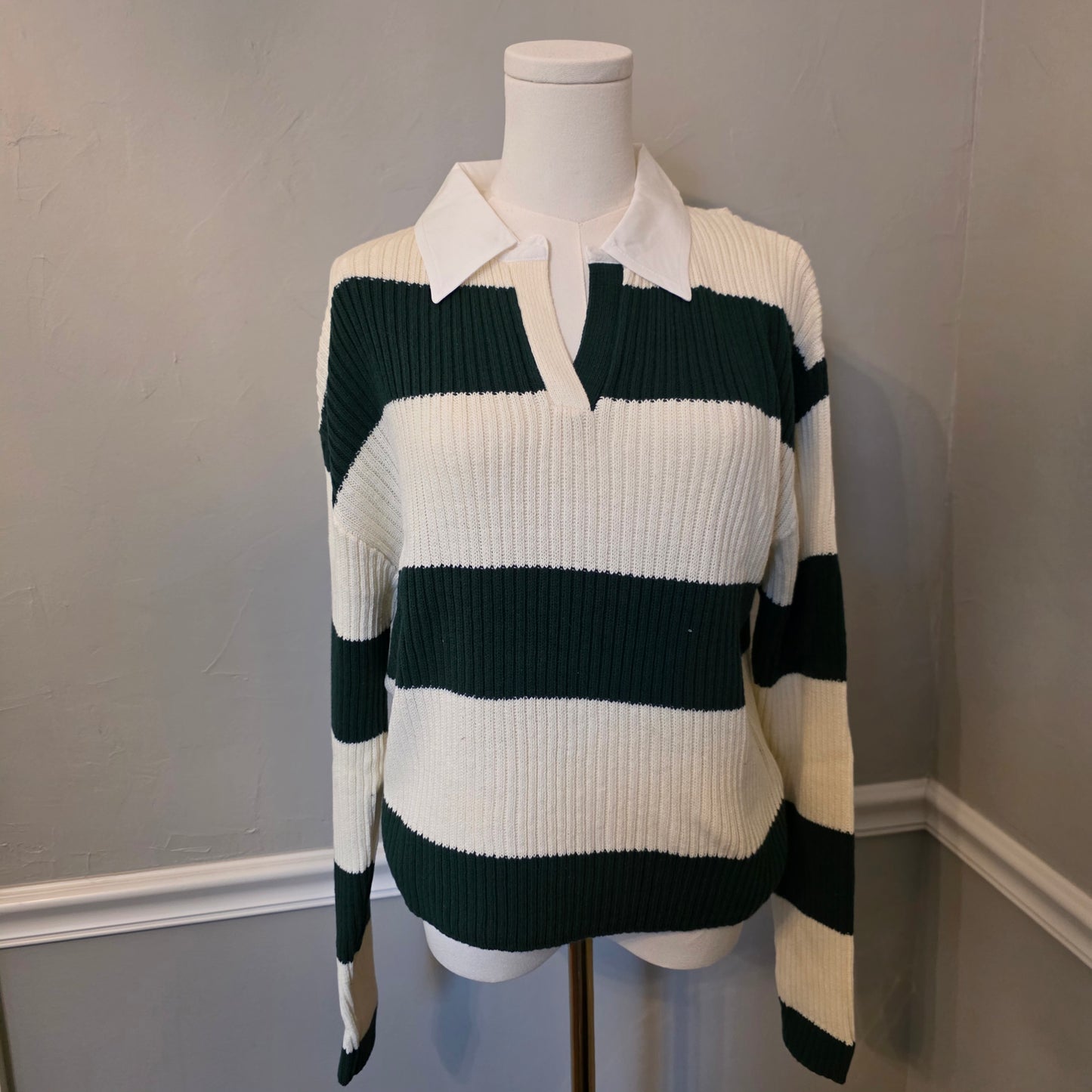 Green Striped Ribbed Knit Sweater