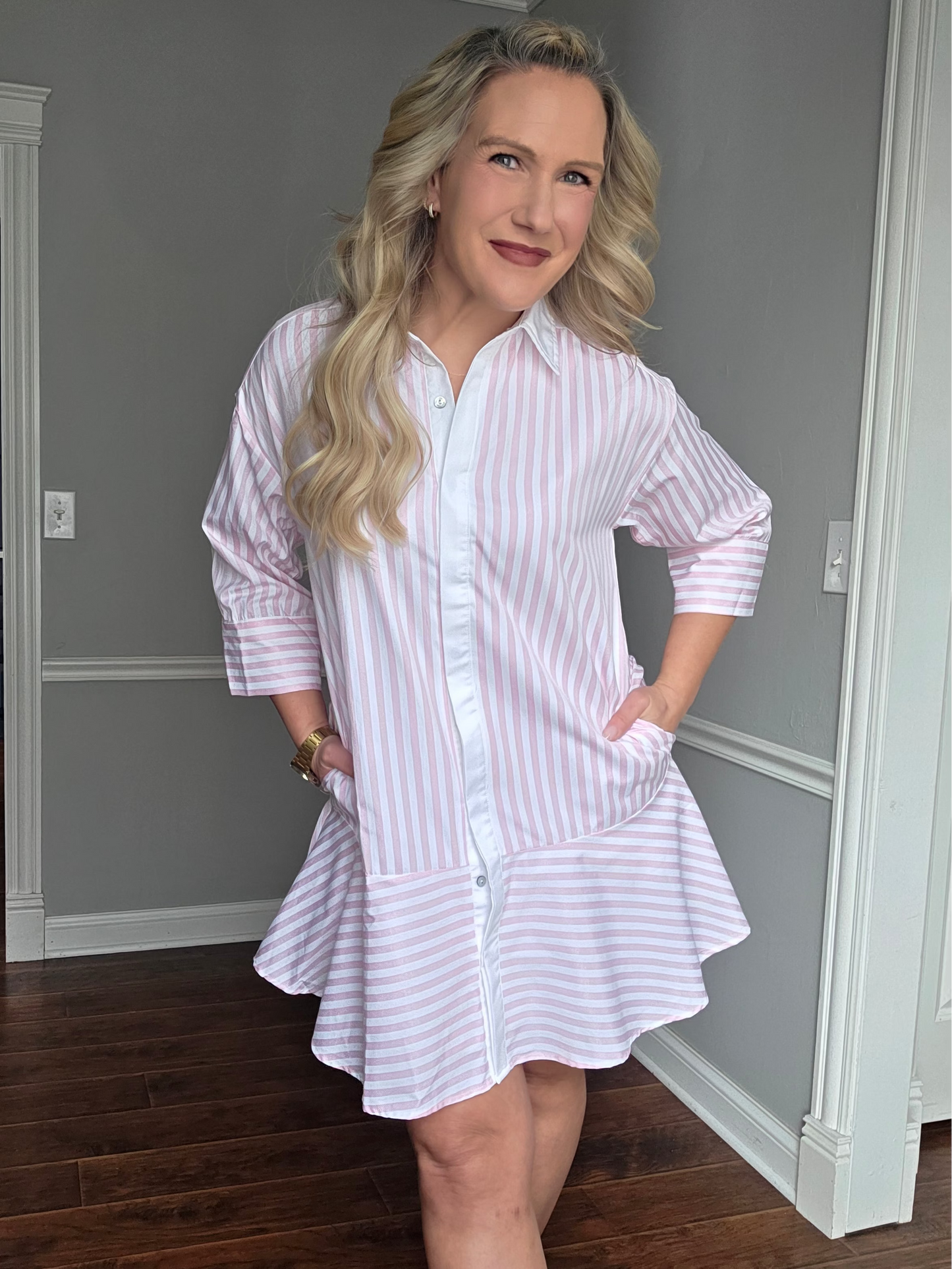 Pink Pinstriped Button-Down Ruffle Hem Dress