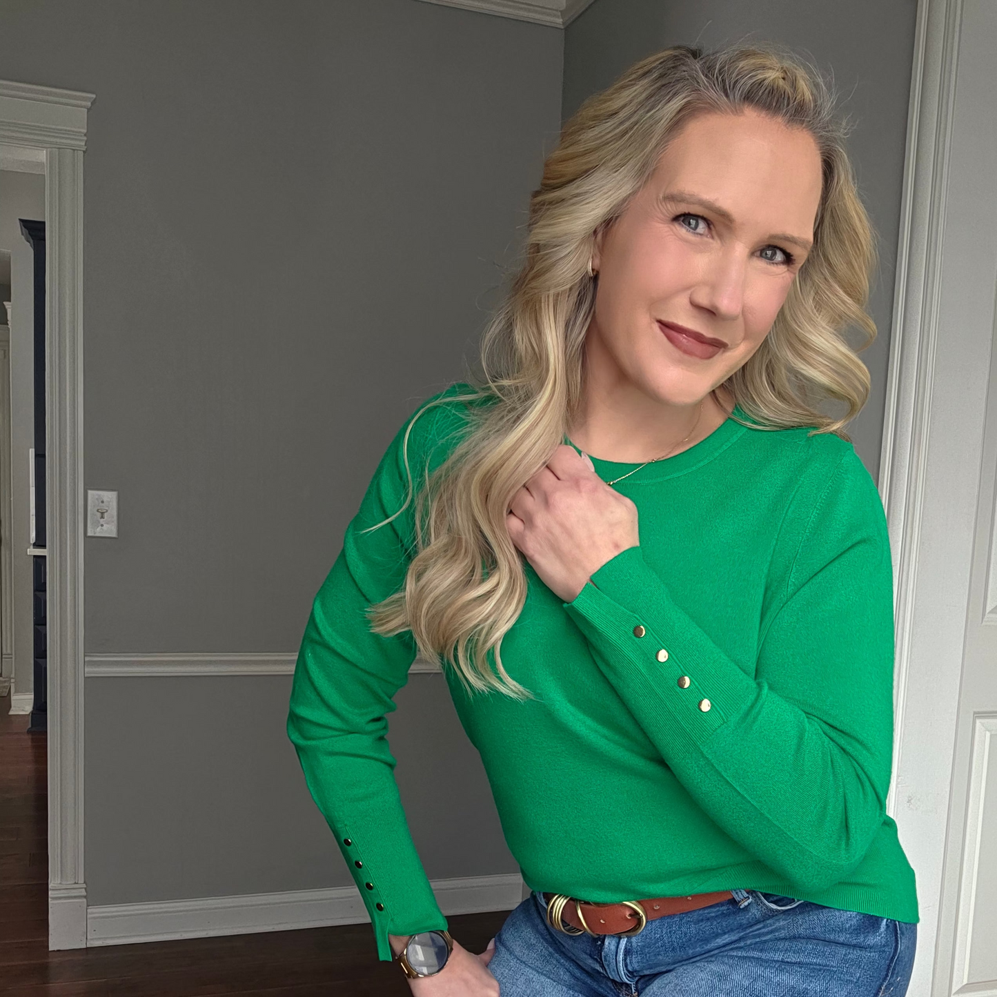 Kelly Green Crew Neck Top w/ Gold Button Accents