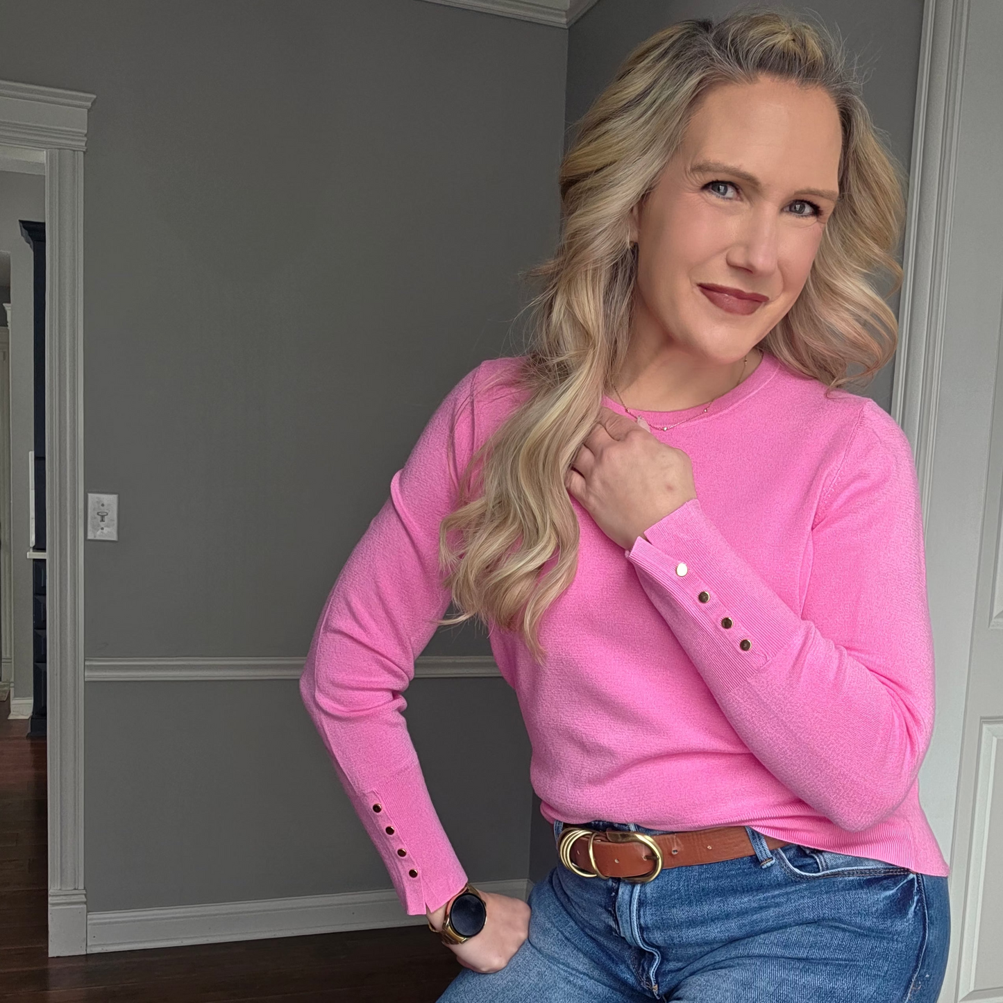 Pink Crew Neck Top w/Gold Button Accents