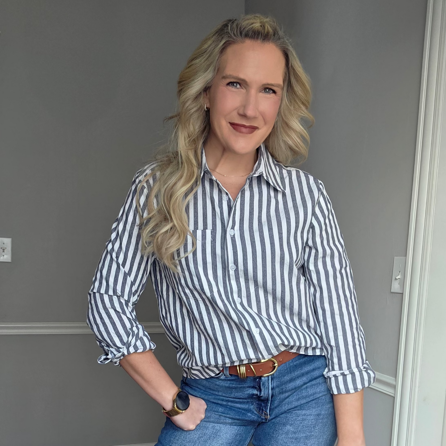 Navy Striped Button Down Shirt