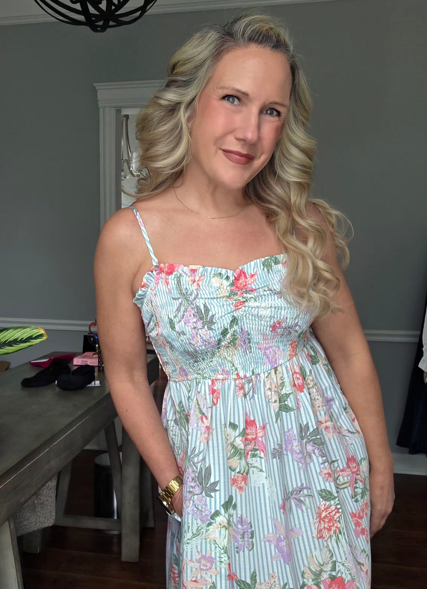 Aqua Striped Tropical Floral Print Dress