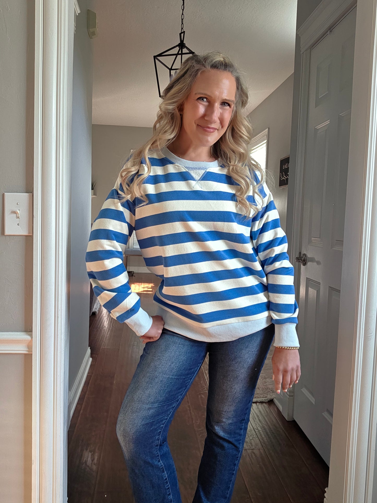 Royal Blue Striped Oversized French Terry Sweatshirt