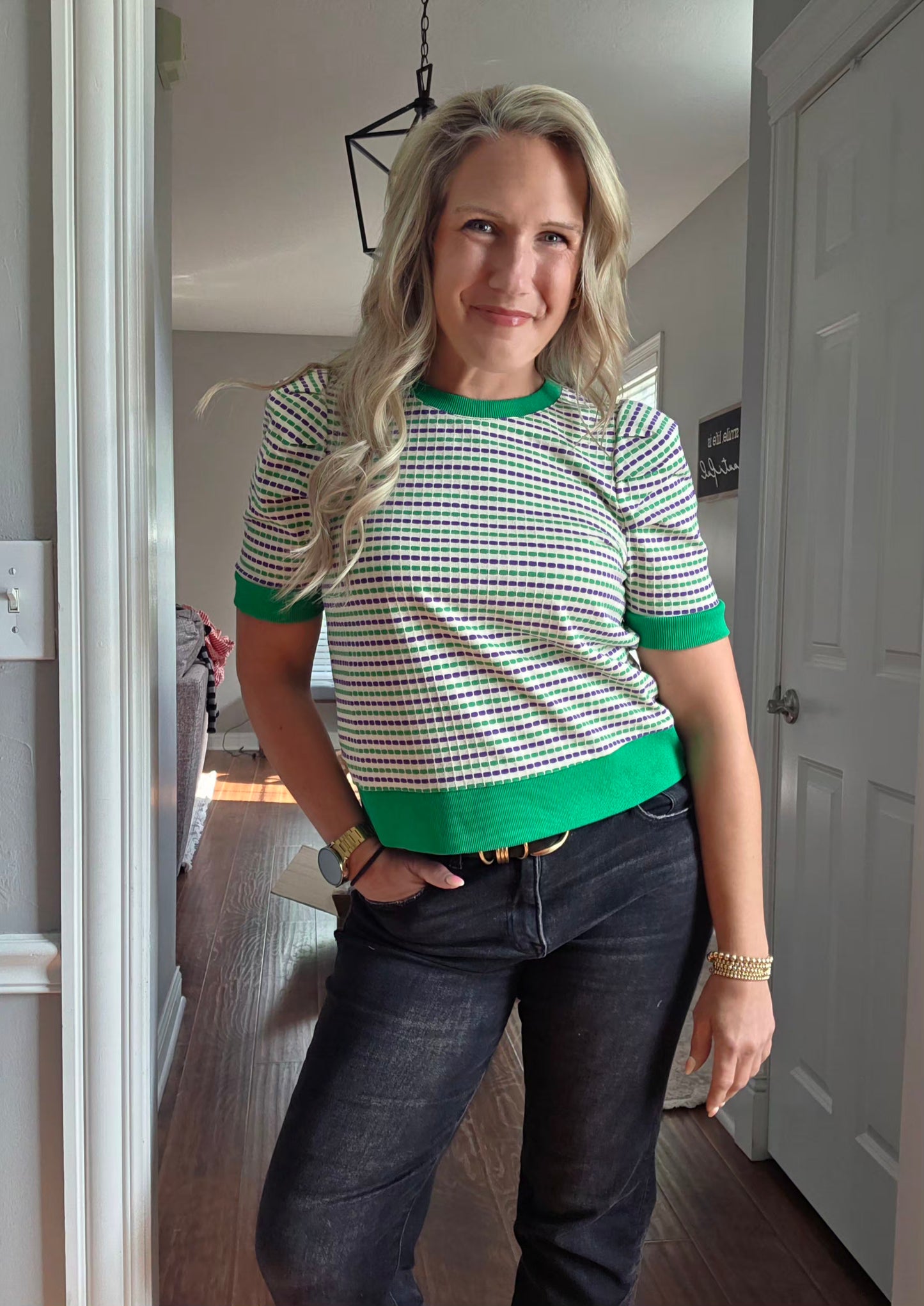 Green & Purple Striped Short Puff Sleeve Top