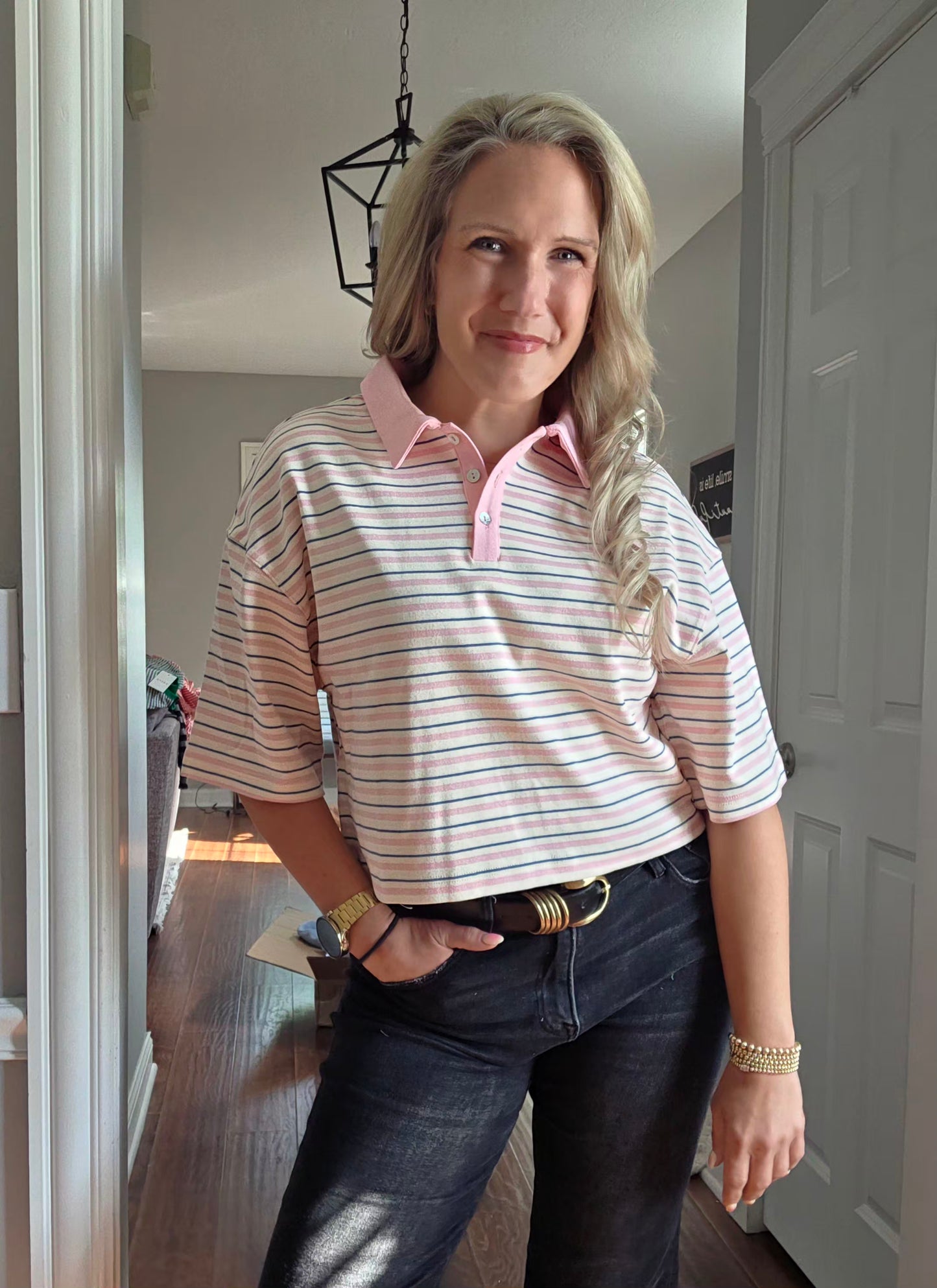 Pink Striped Polo Top