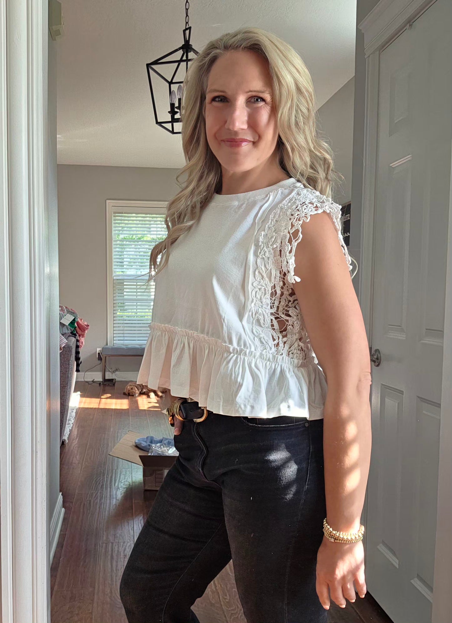 White Side Lace Trim Ruffle Hem Top