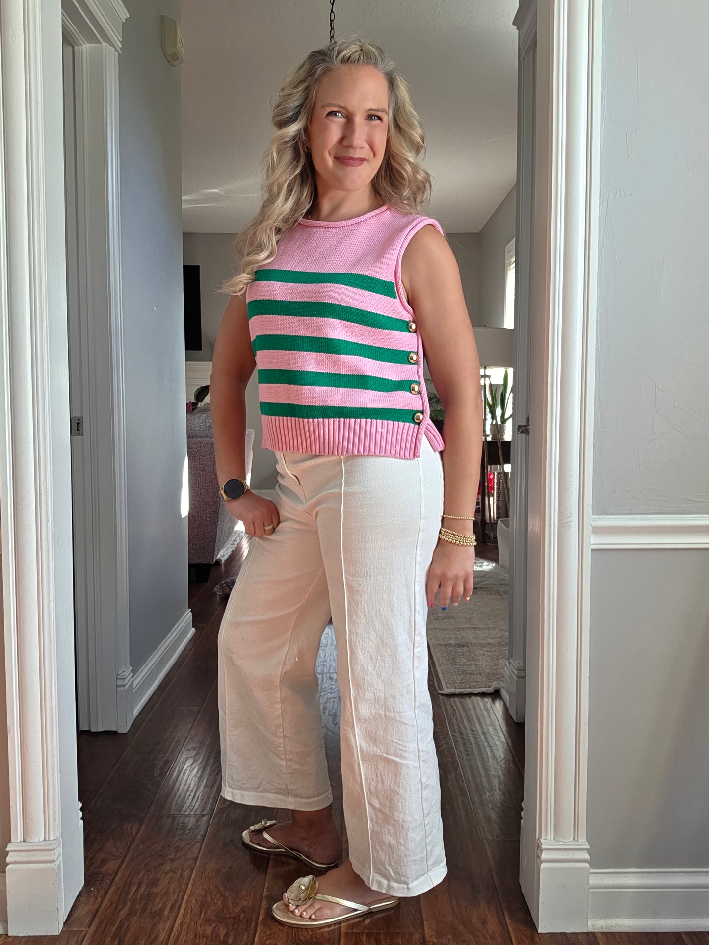 Pink Sleeveless Green Striped Knit Top w/ Gold Button Detail
